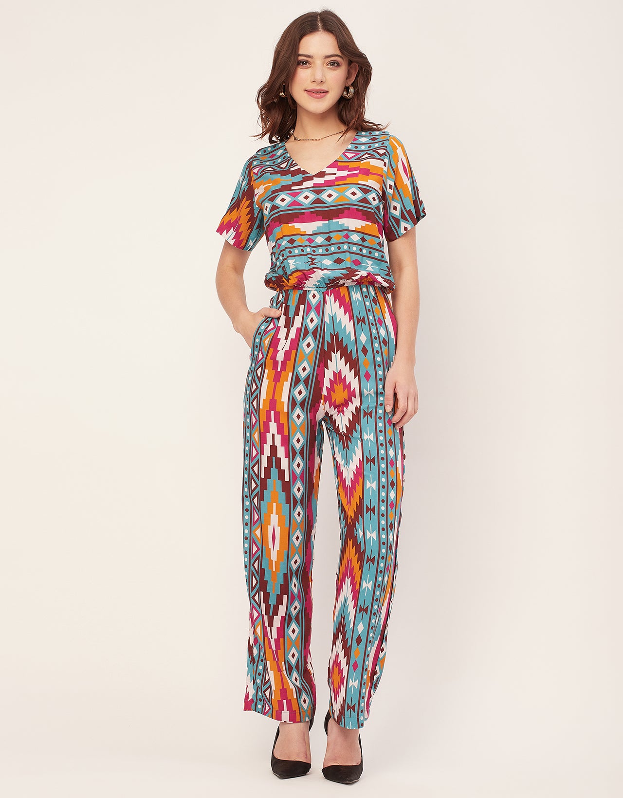 V Neck Full Leg Printed Rayon Jumpsuit
