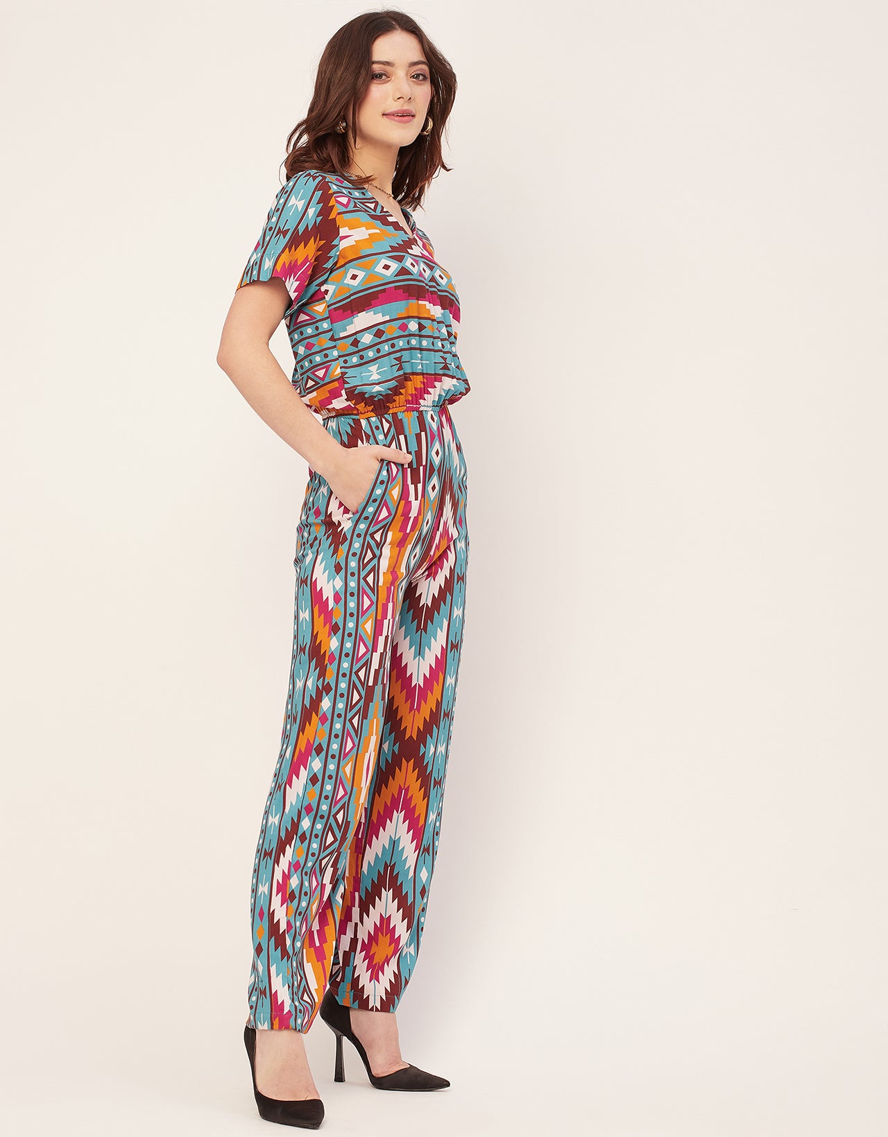 V Neck Full Leg Printed Rayon Jumpsuit
