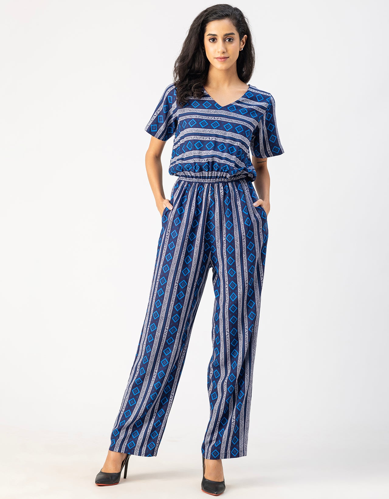 V Neck Full Leg Printed Rayon Jumpsuit