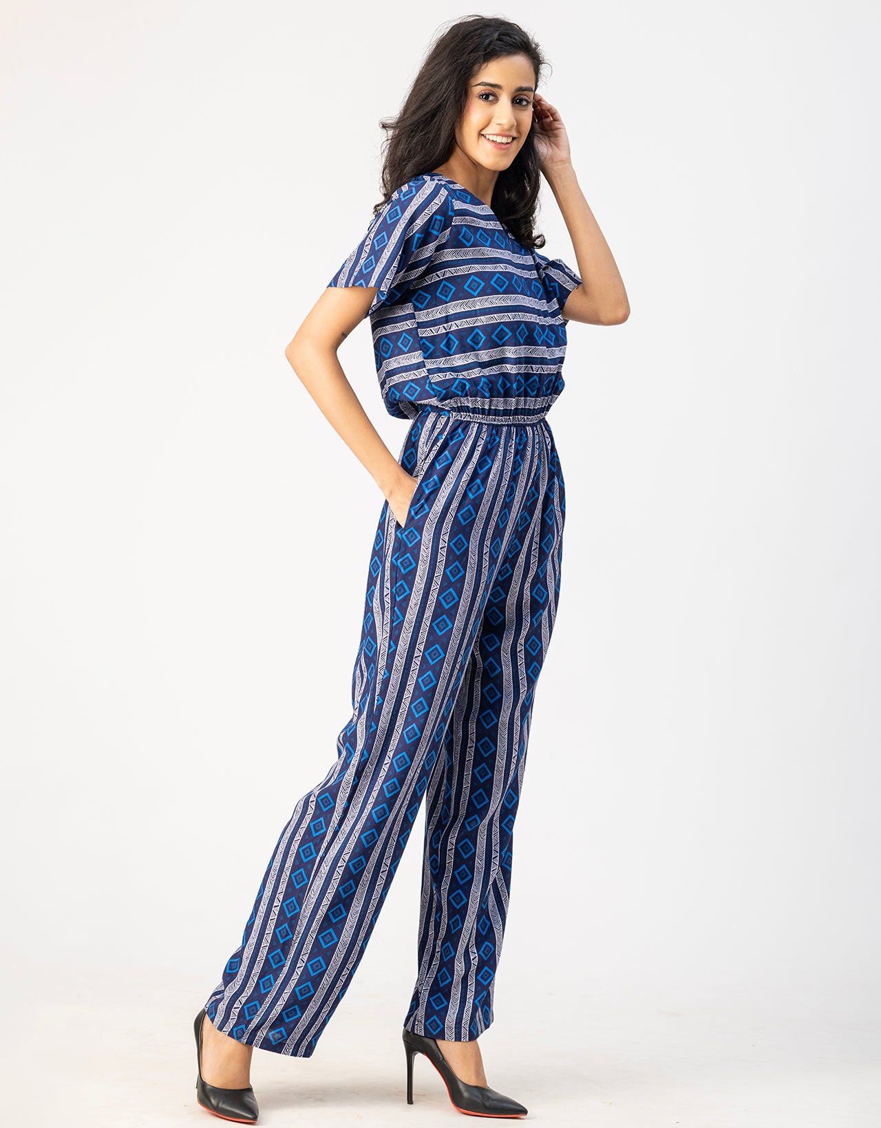 V Neck Full Leg Printed Rayon Jumpsuit