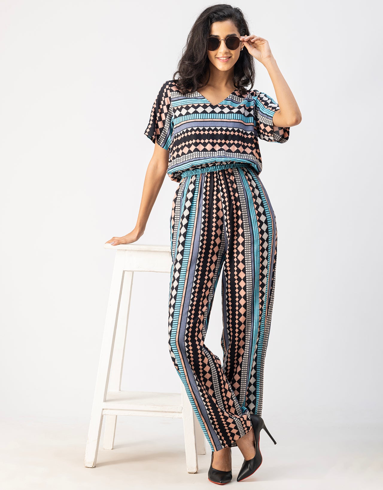 V Neck Full Leg Printed Rayon Jumpsuit