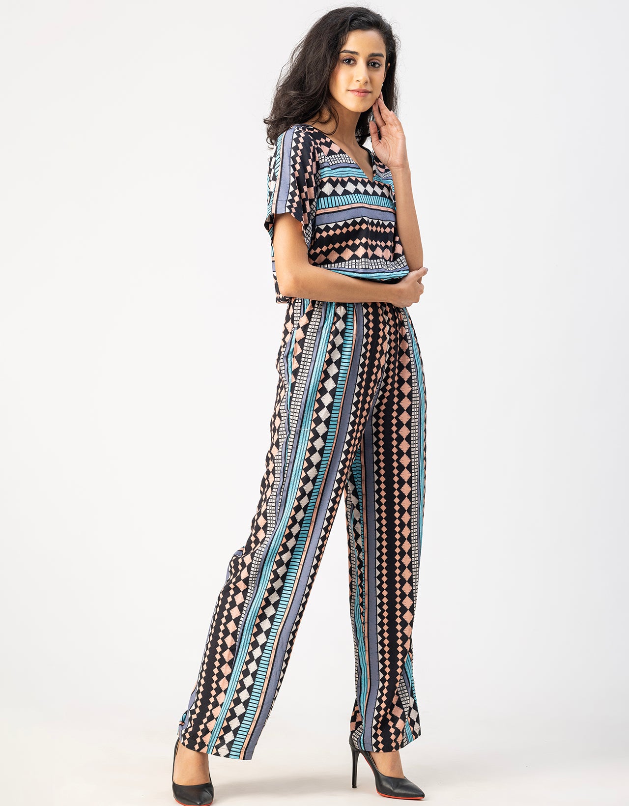V Neck Full Leg Printed Rayon Jumpsuit