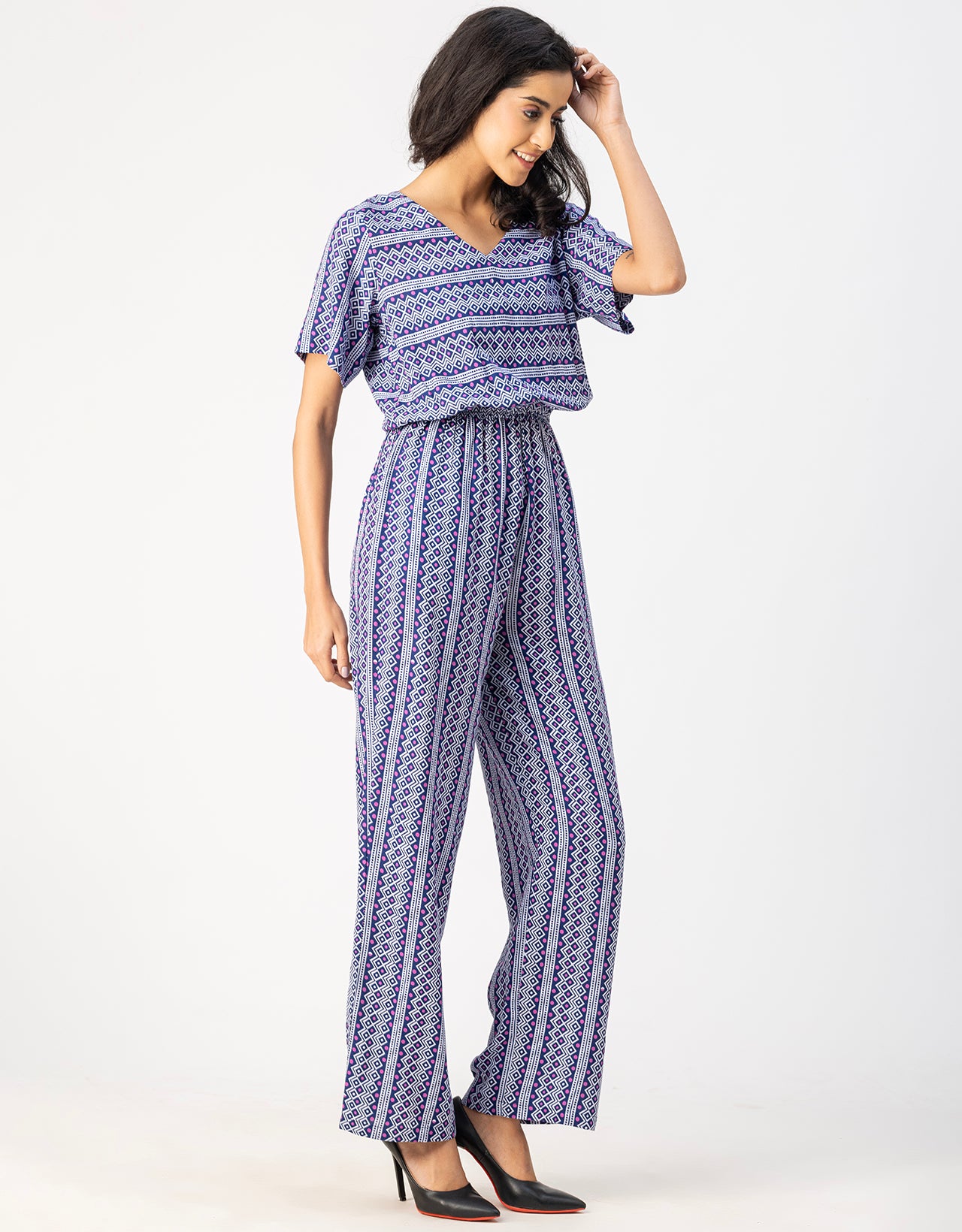 V Neck Full Leg Printed Rayon Jumpsuit