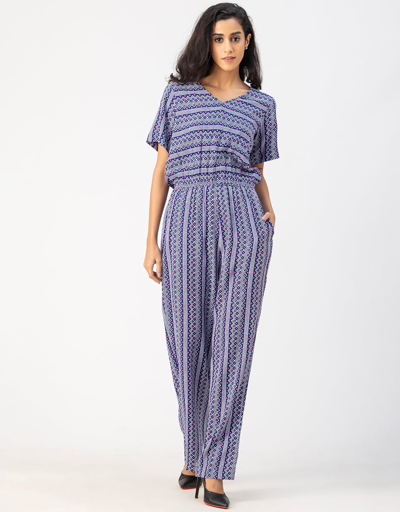 V Neck Full Leg Printed Rayon Jumpsuit