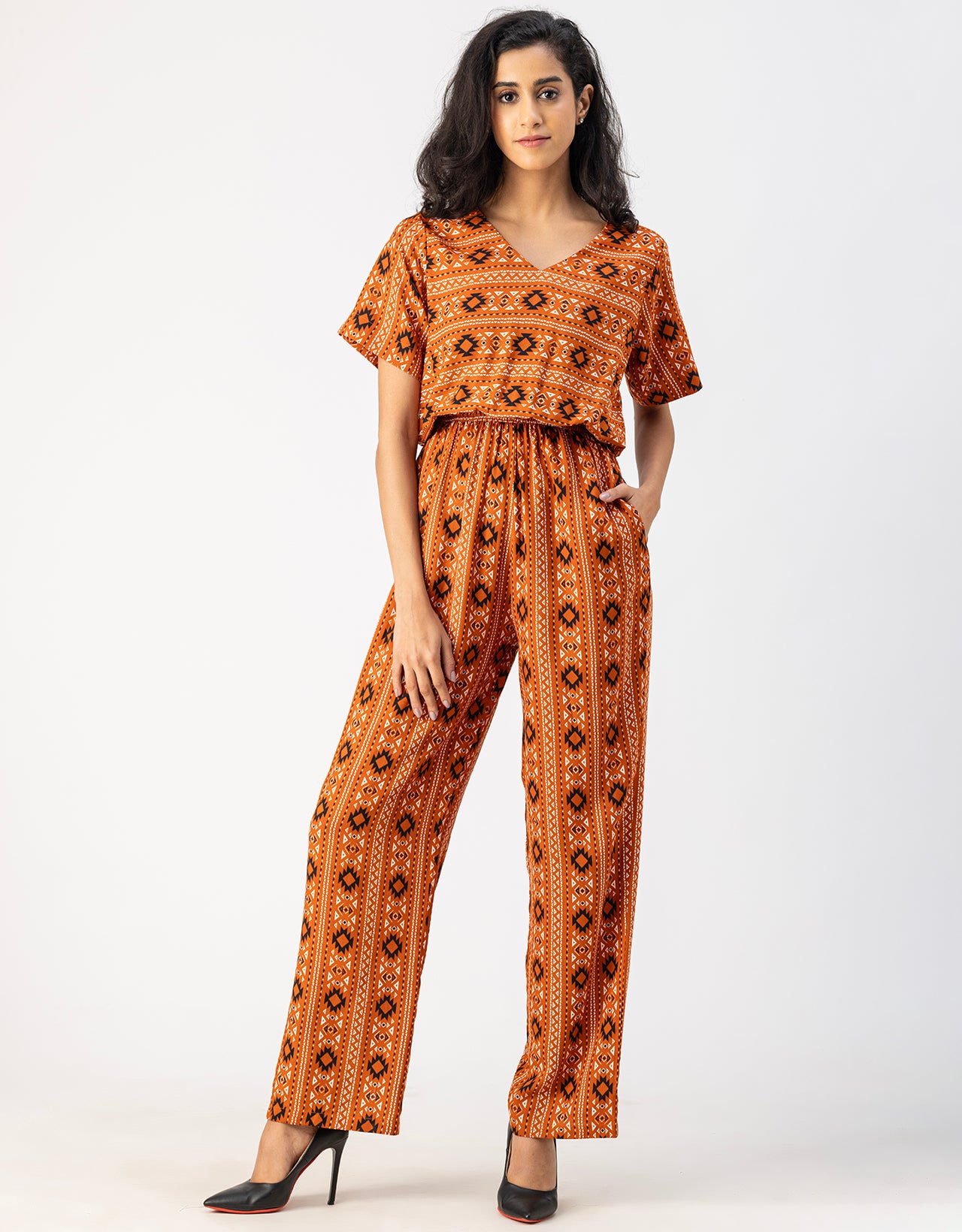 V Neck Full Leg Printed Rayon Jumpsuit