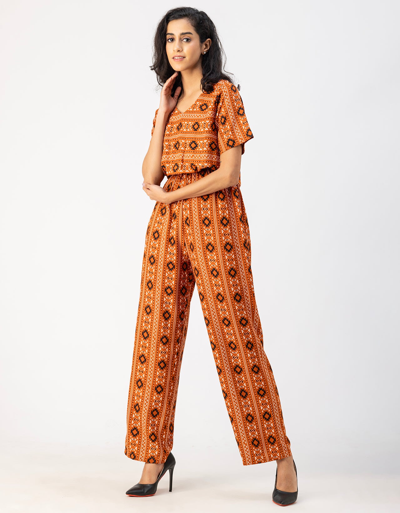 V Neck Full Leg Printed Rayon Jumpsuit