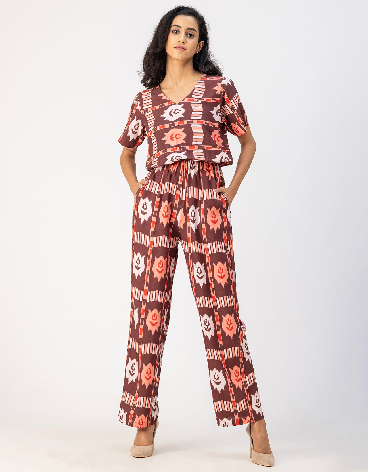 V Neck Full Leg Printed Rayon Jumpsuit