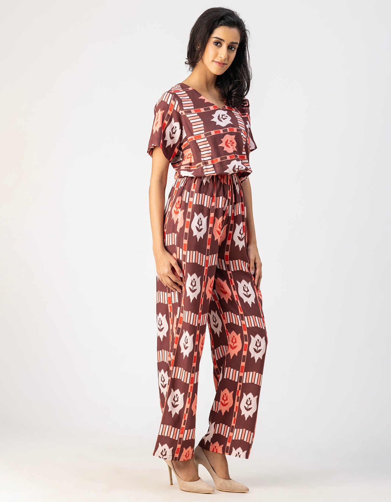 V Neck Full Leg Printed Rayon Jumpsuit