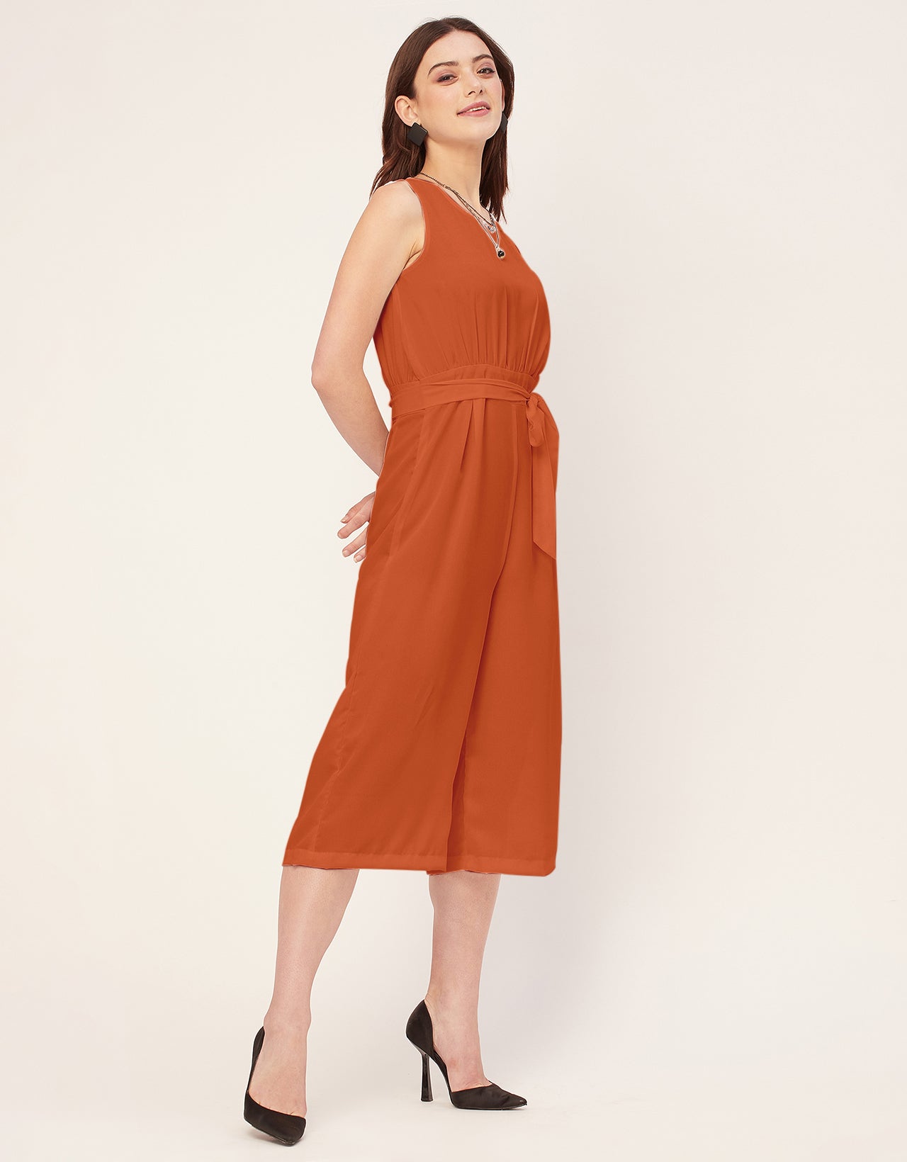 Elegant Solid Georgette Sleeveless quarter sleeve Jumpsuit