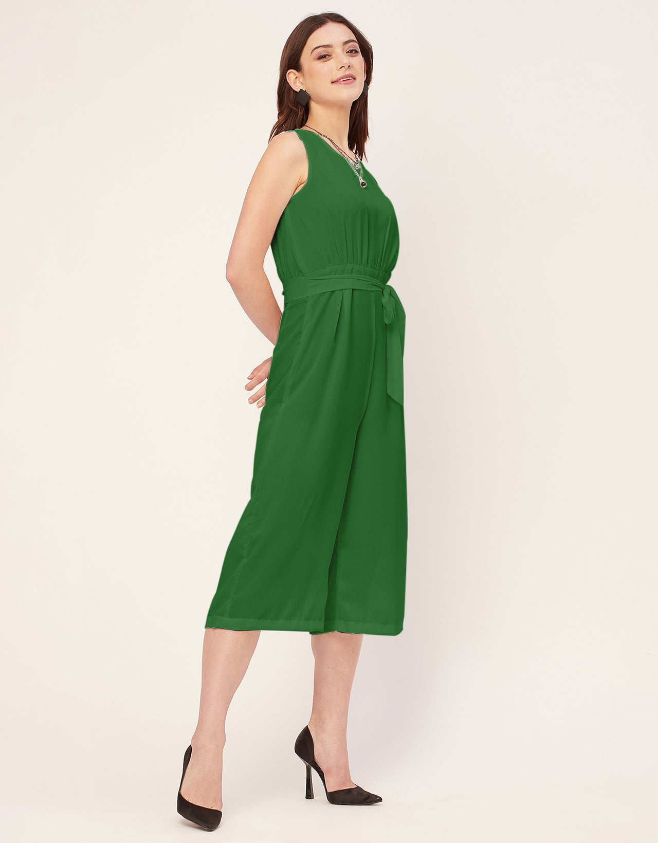 Elegant Solid Georgette Sleeveless quarter sleeve Jumpsuit