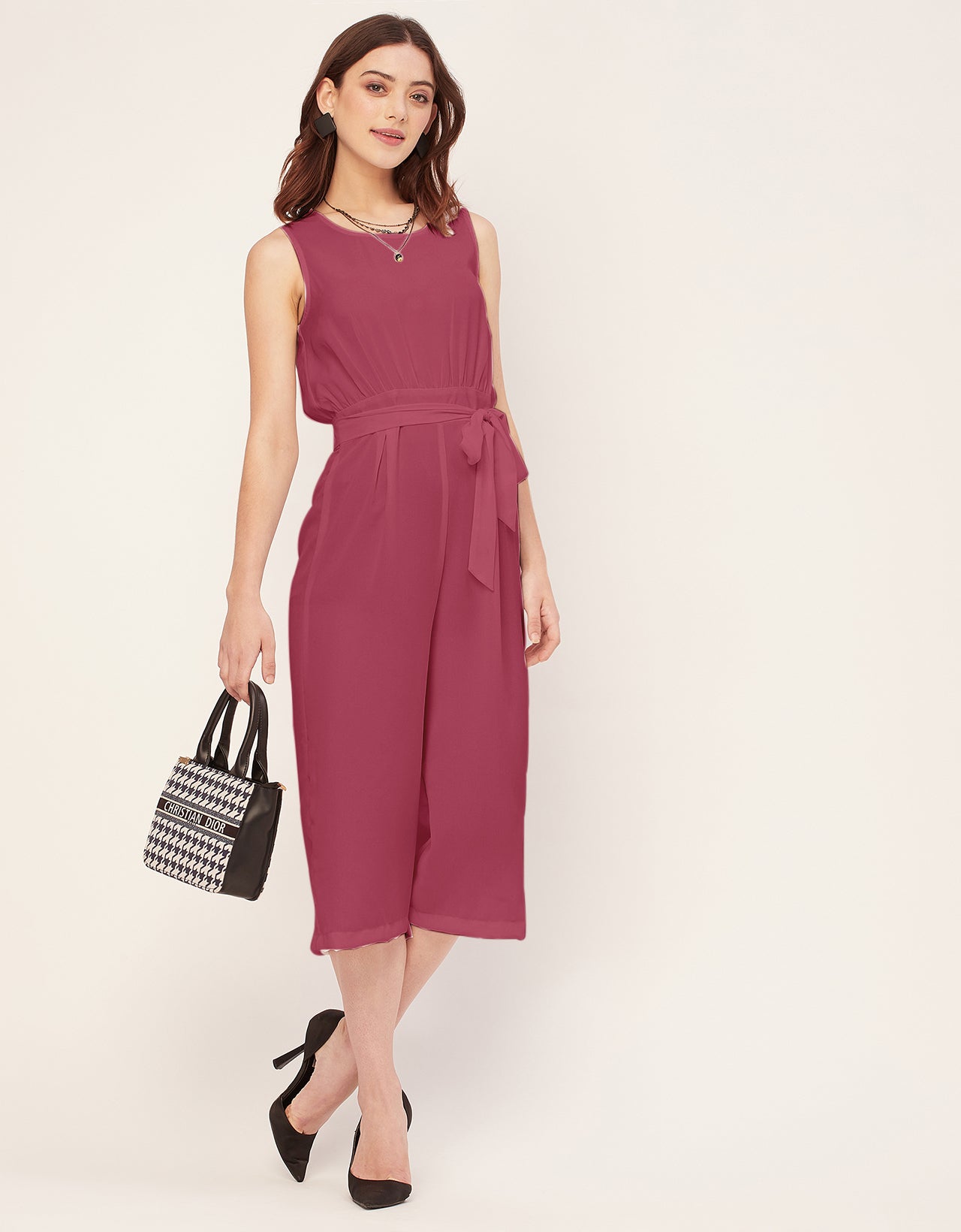 Elegant Solid Georgette Sleeveless quarter sleeve Jumpsuit