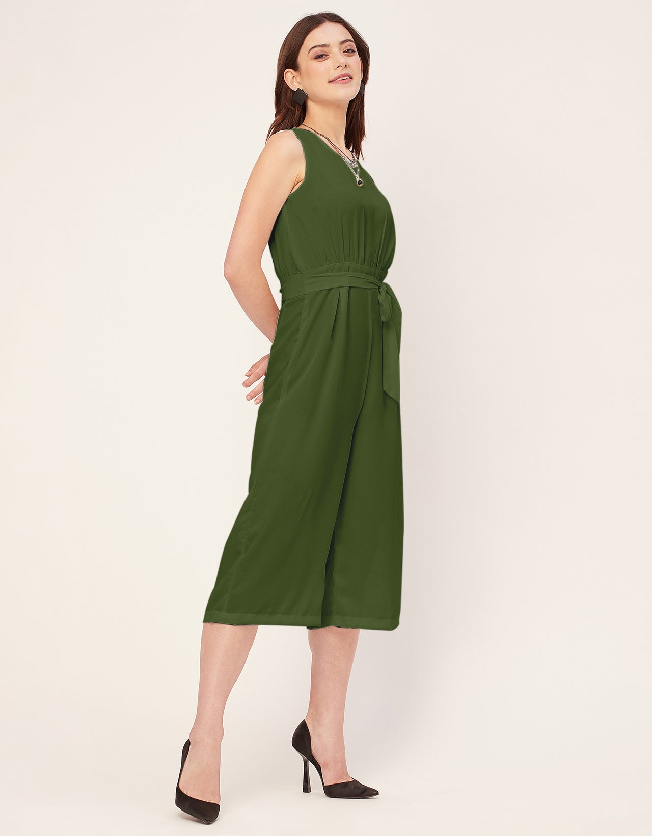Elegant Solid Georgette Sleeveless quarter sleeve Jumpsuit