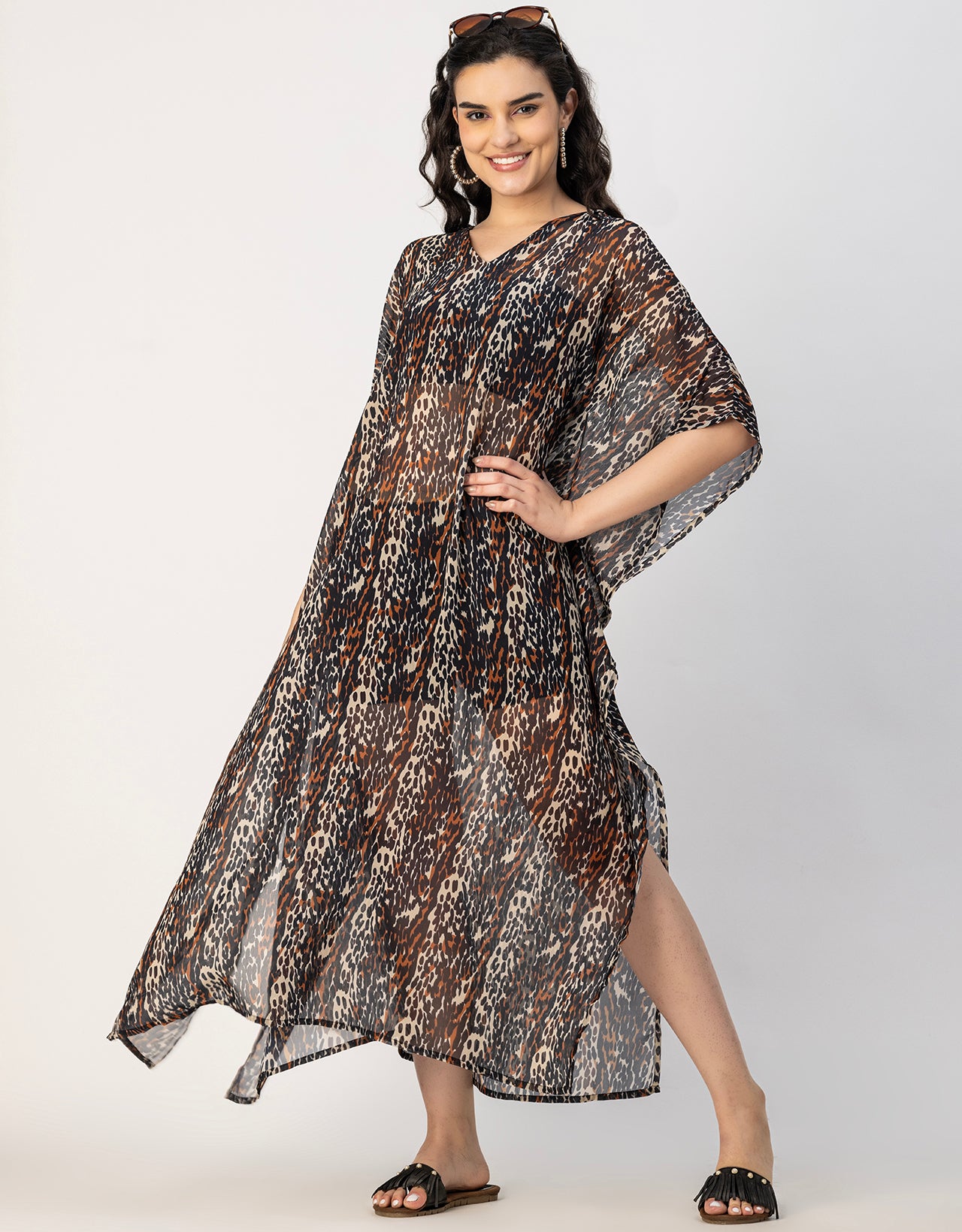 Kimono Sleeves V Neck Kaftan Printed Rayon