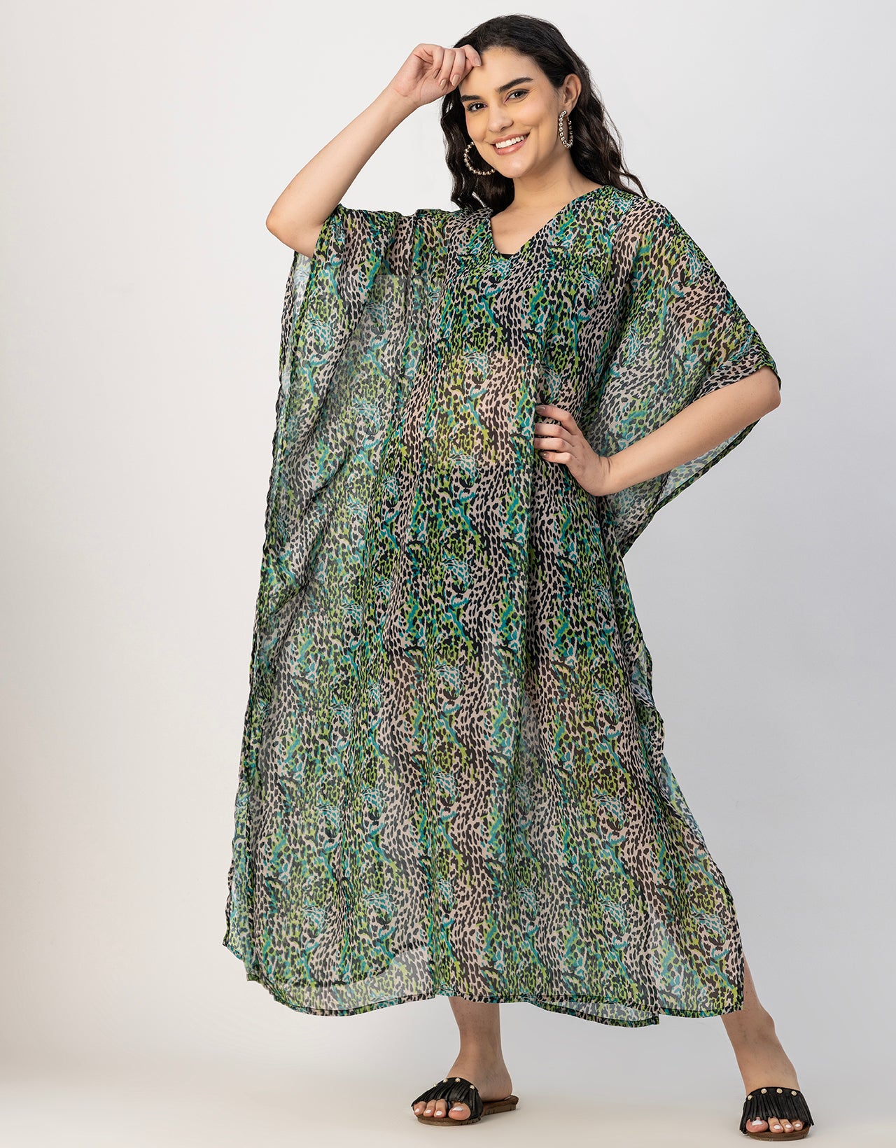 Kimono Sleeves V Neck Kaftan Printed Rayon