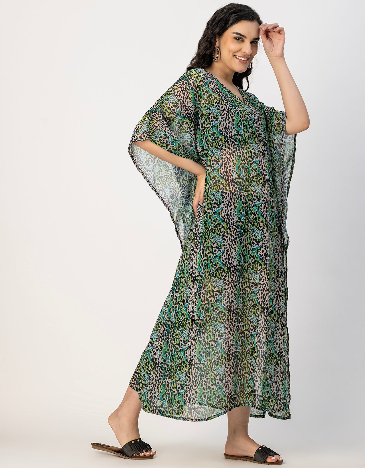 Kimono Sleeves V Neck Kaftan Printed Rayon