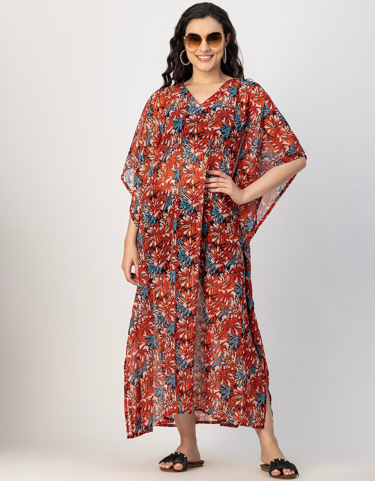 Kimono Sleeves V Neck Kaftan Printed Rayon