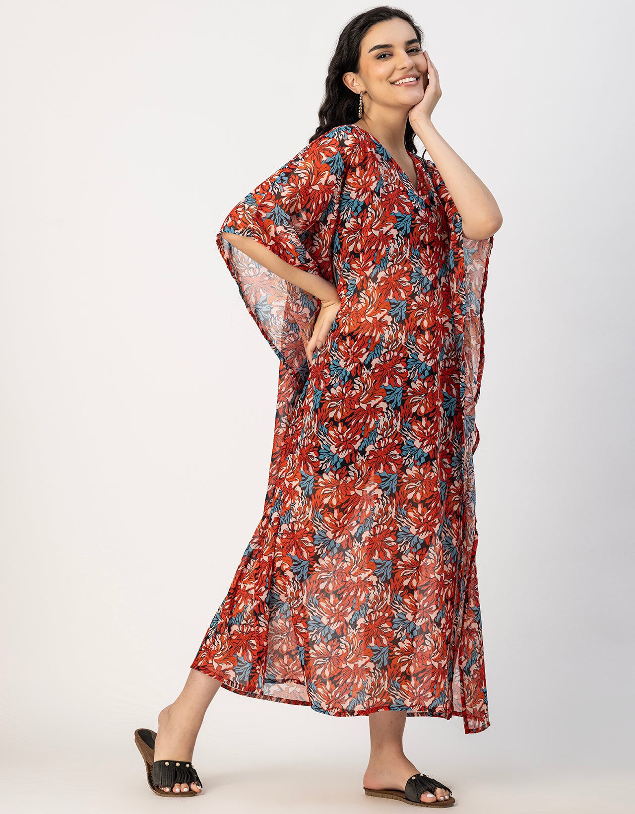 Kimono Sleeves V Neck Kaftan Printed Rayon