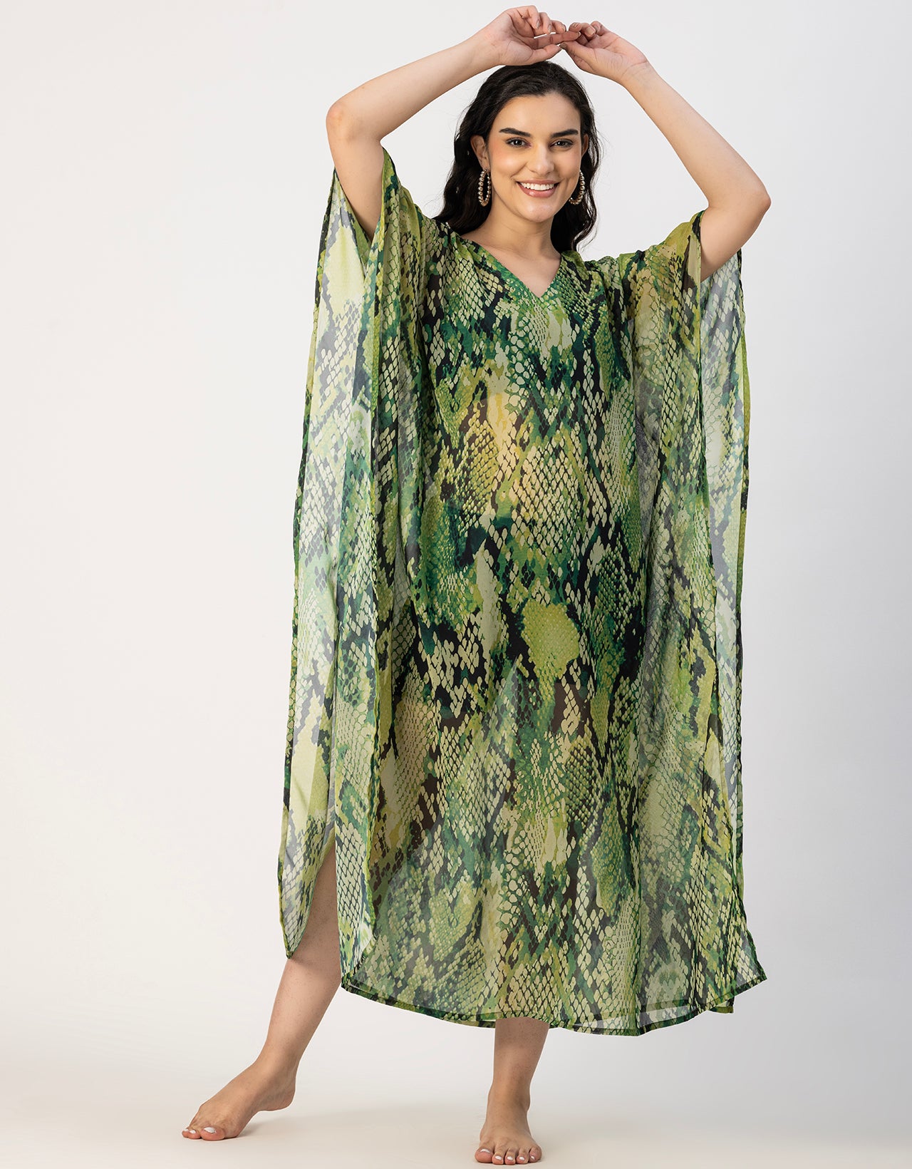 Kimono Sleeves V Neck Kaftan Printed Rayon