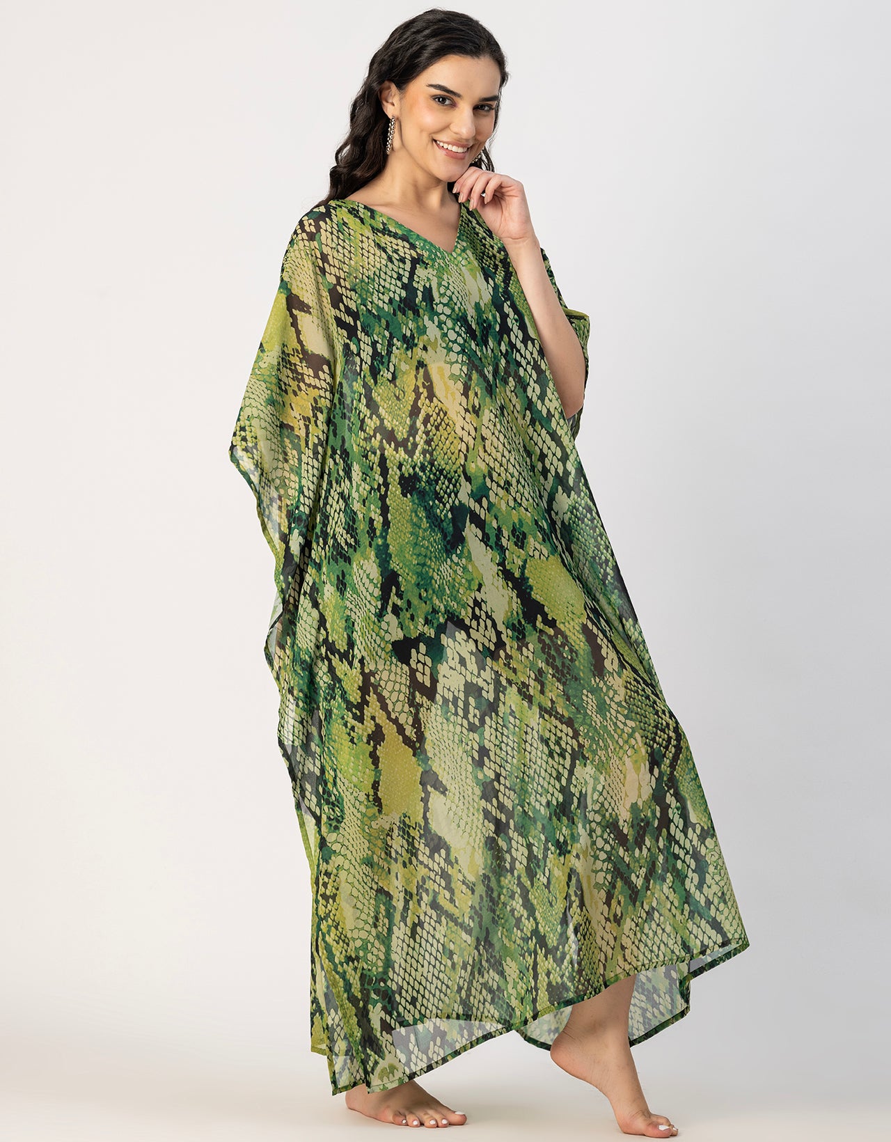 Kimono Sleeves V Neck Kaftan Printed Rayon