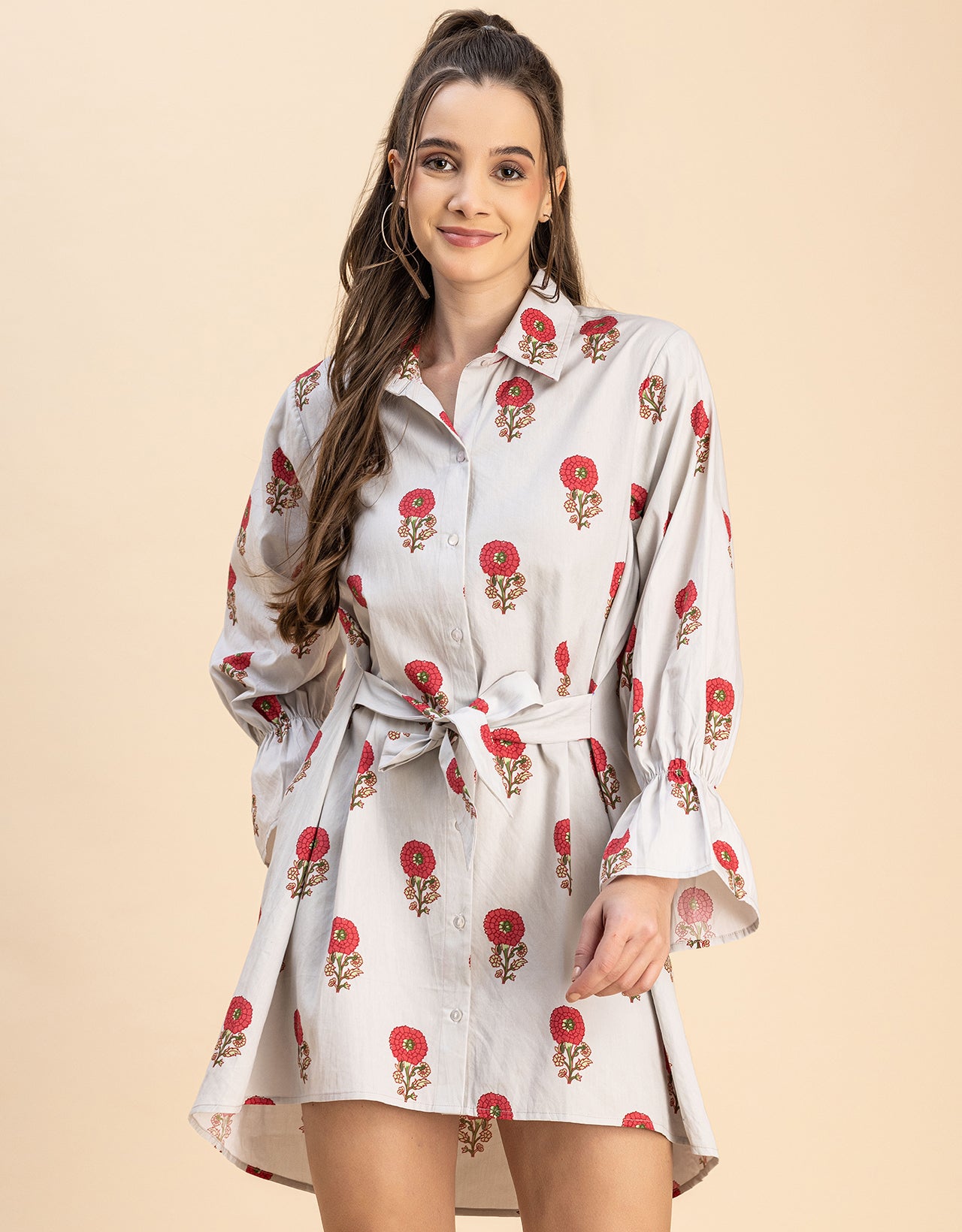 Spread Collar Shirt Cotton Dress