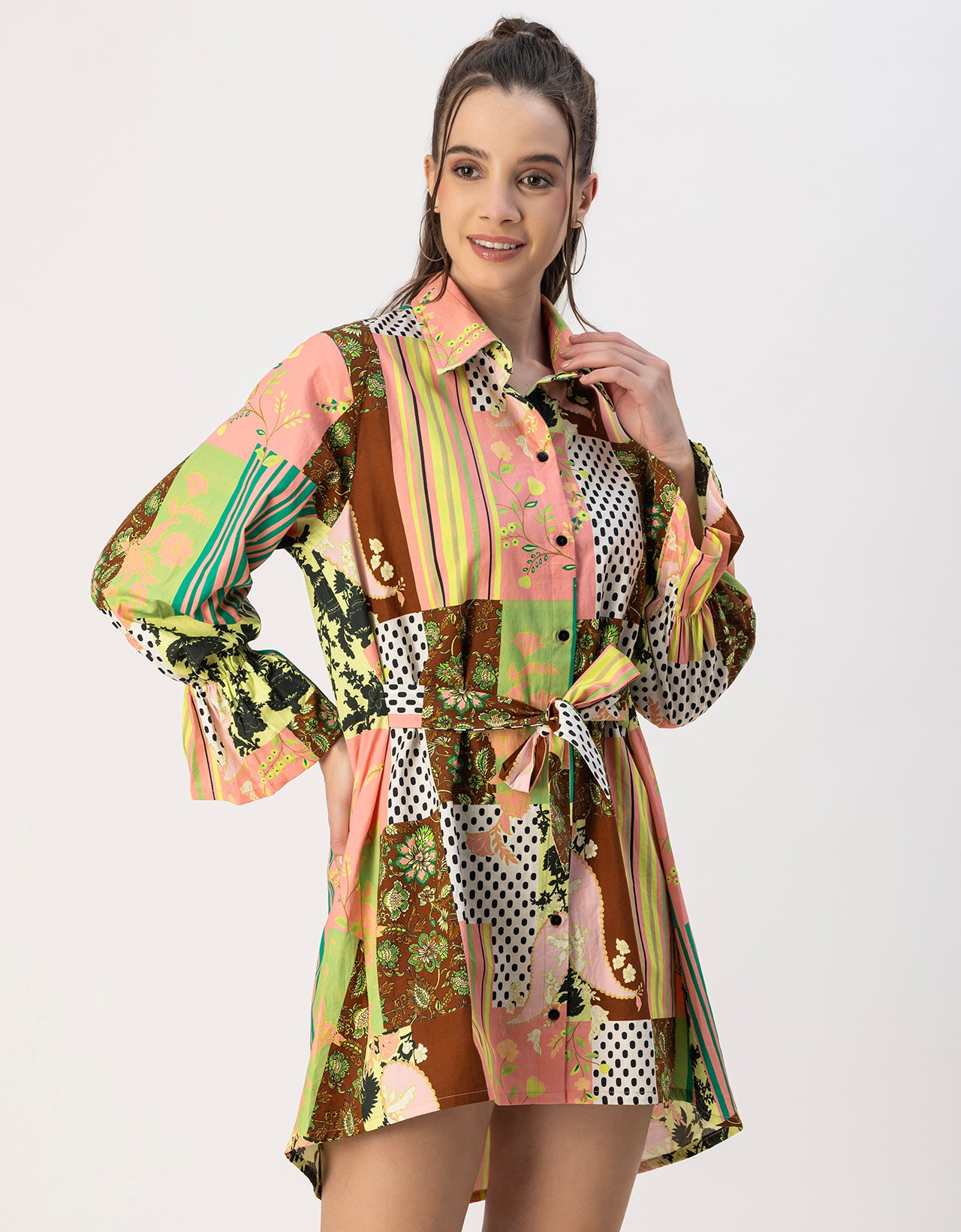 Spread Collar Shirt Cotton Dress