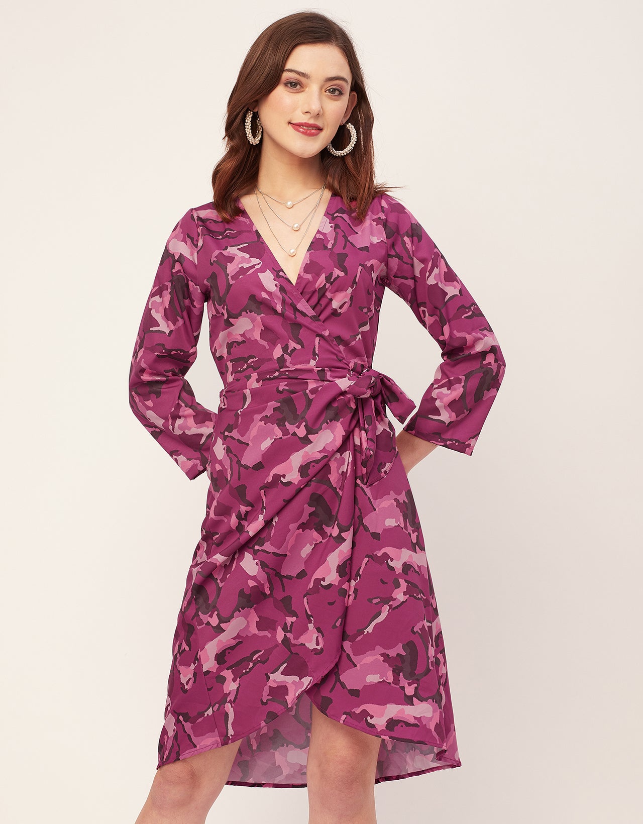 Long Sleeve V Neck Wrap Printed Dress