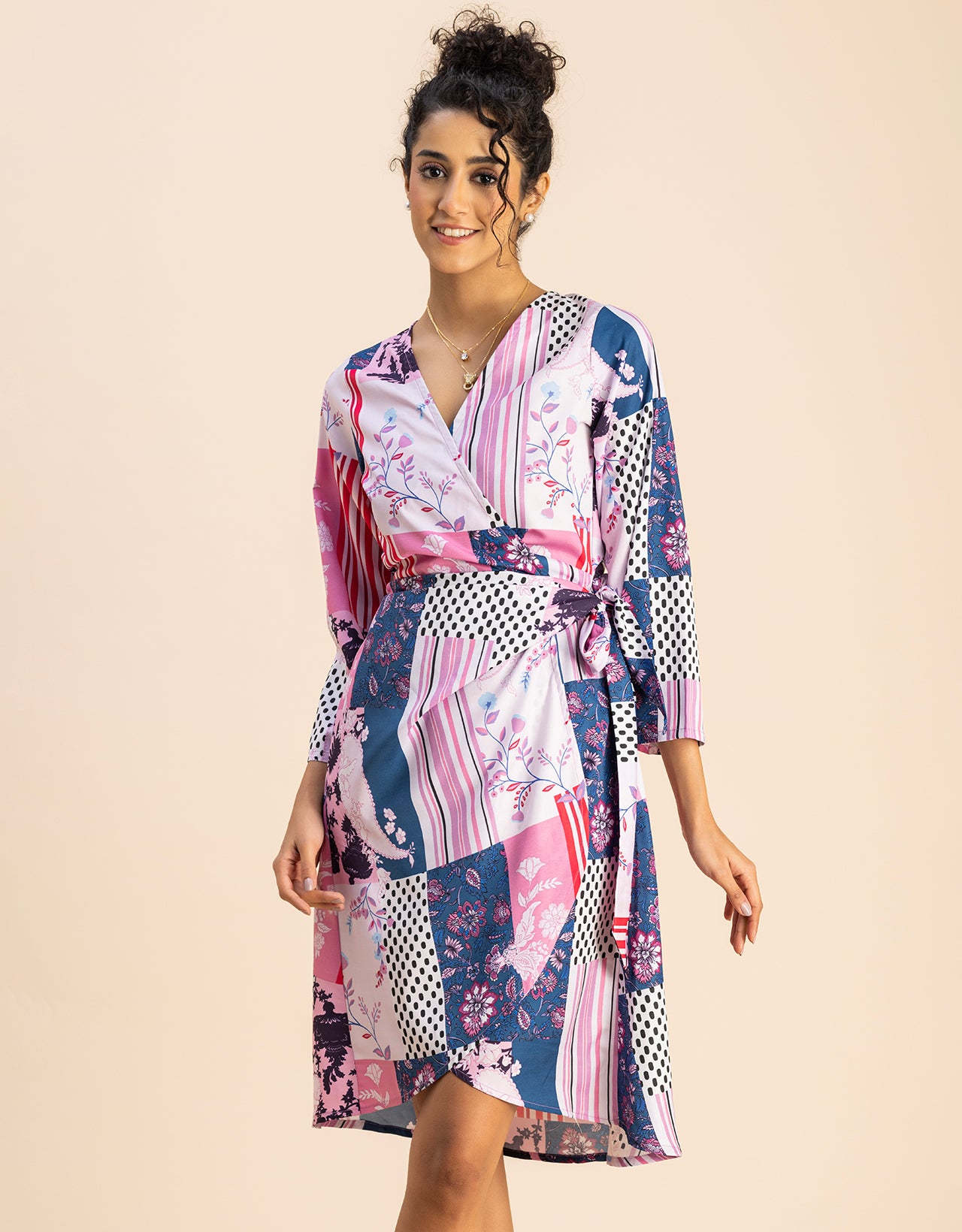 Long Sleeve V Neck Wrap Printed Dress