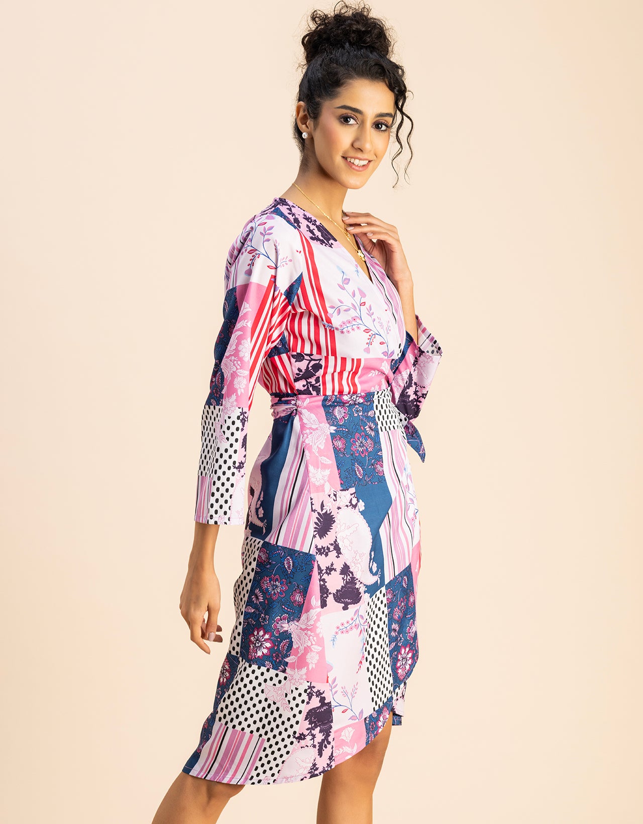 Long Sleeve V Neck Wrap Printed Dress