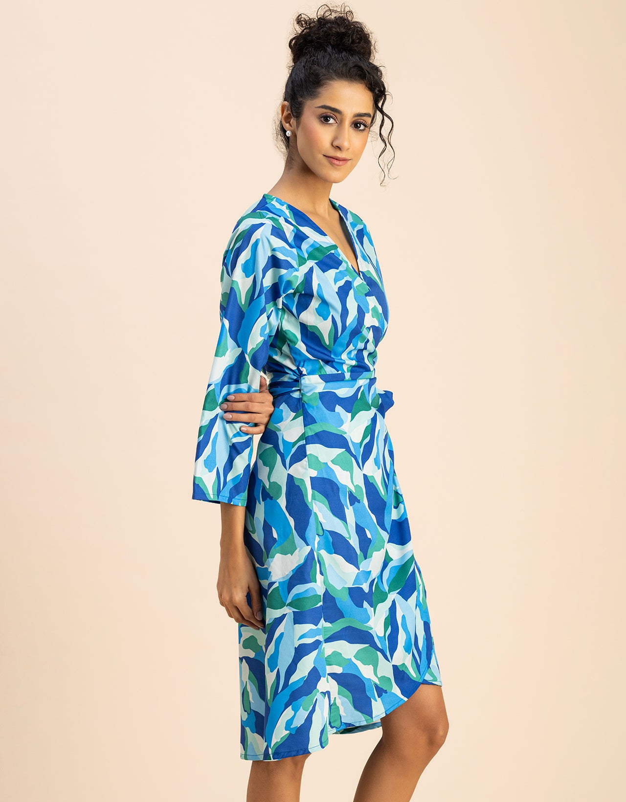 Long Sleeve V Neck Wrap Printed Dress