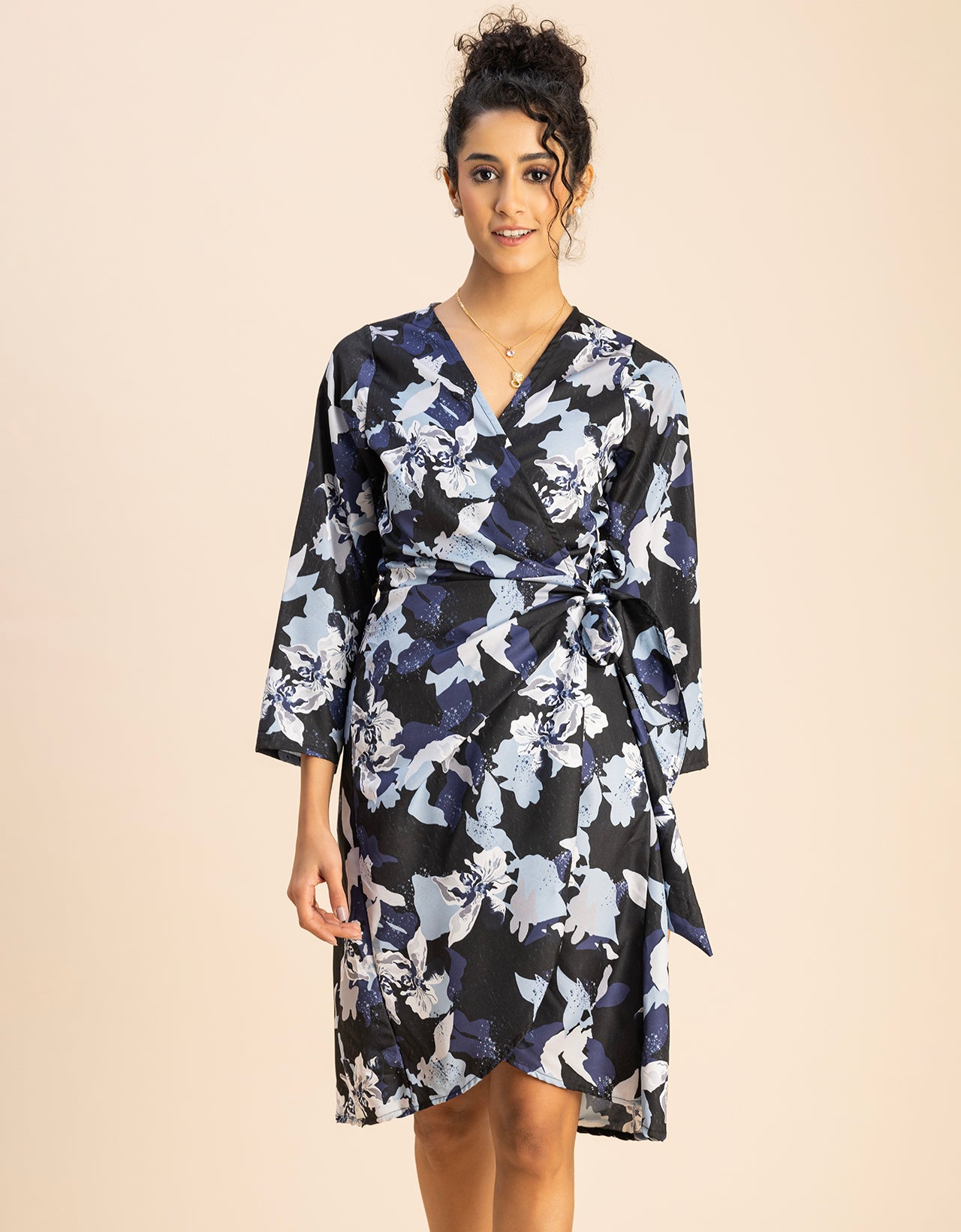Long Sleeve V Neck Wrap Printed Dress