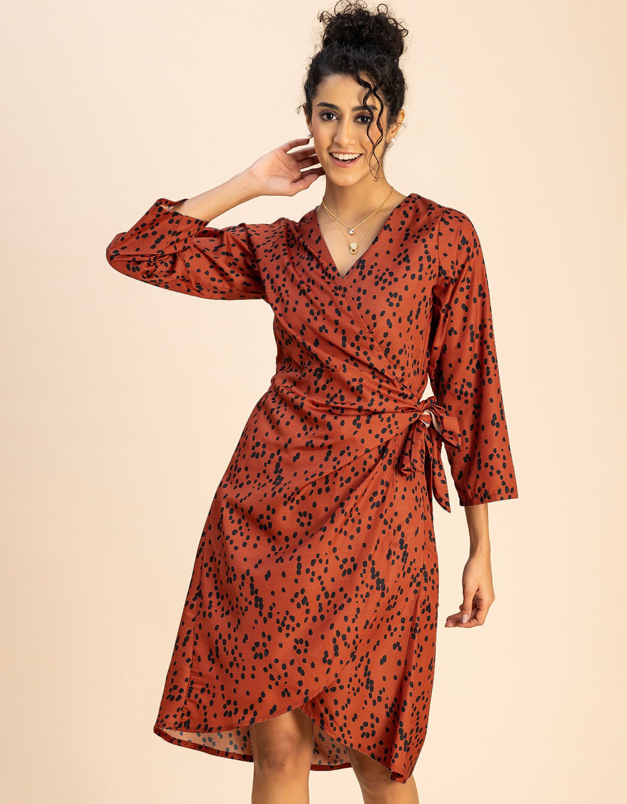 Long Sleeve V Neck Wrap Printed Dress