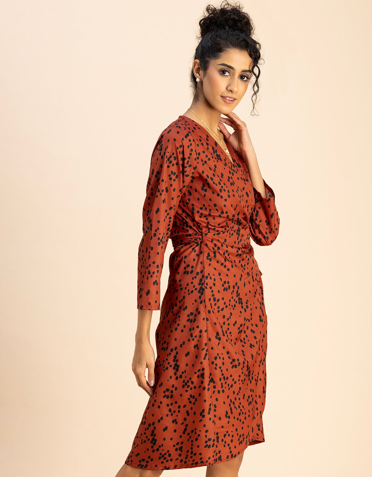 Long Sleeve V Neck Wrap Printed Dress