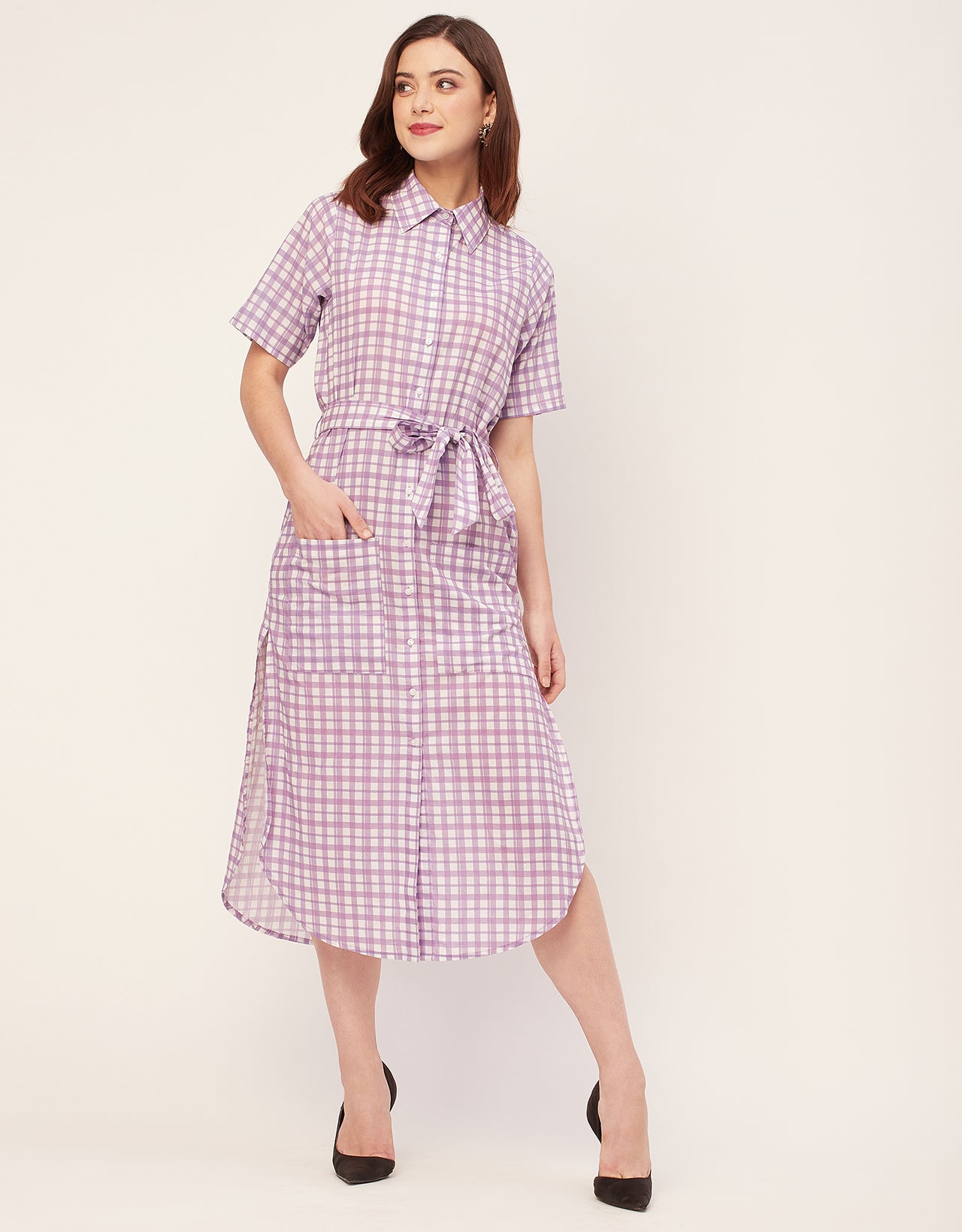 Short Sleeve Spread Collar Cotton Dress