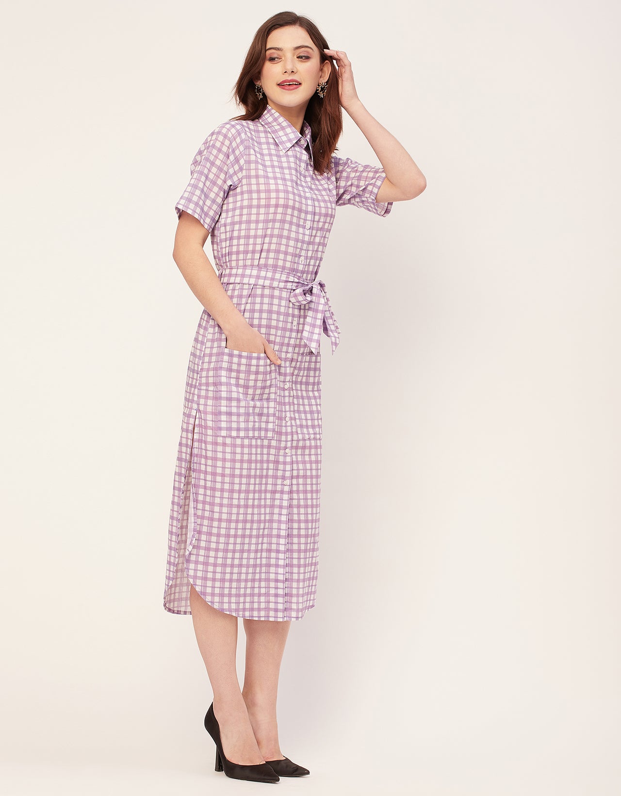 Short Sleeve Spread Collar Cotton Dress