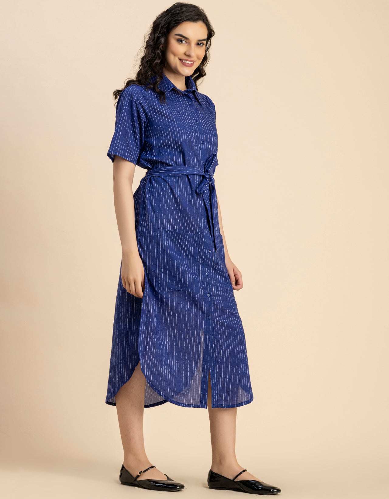 Short Sleeve Spread Collar Cotton Dress