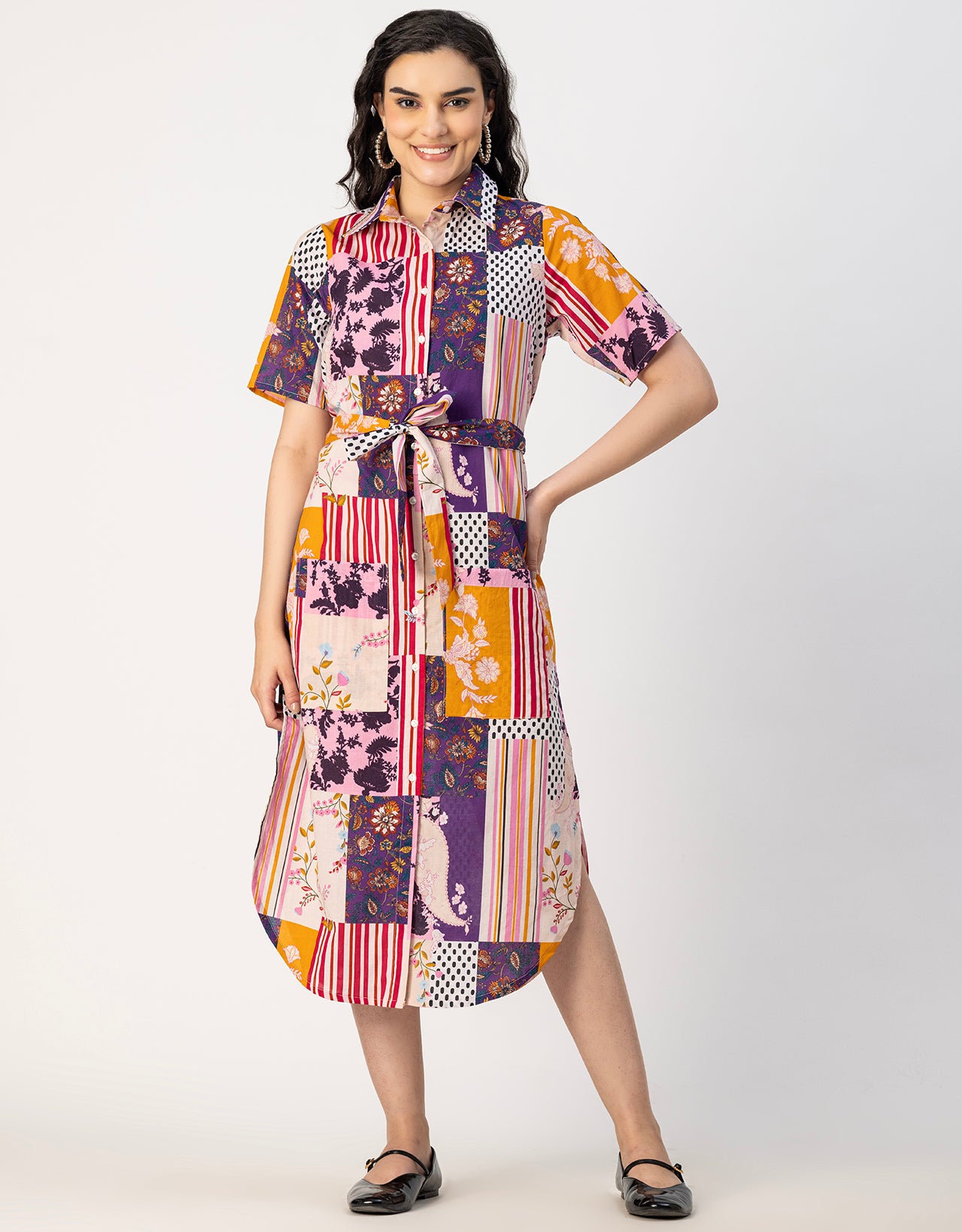 Short Sleeve Spread Collar Cotton Dress