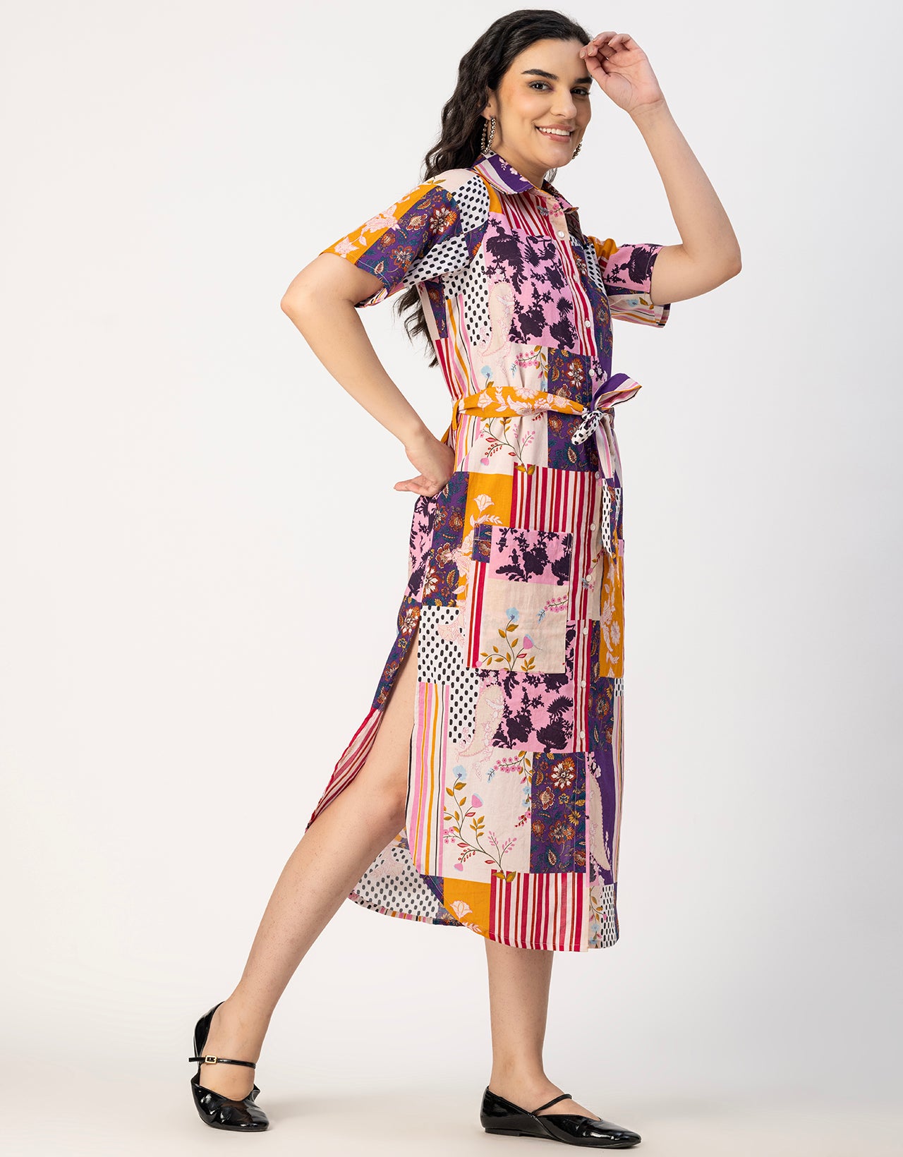 Short Sleeve Spread Collar Cotton Dress