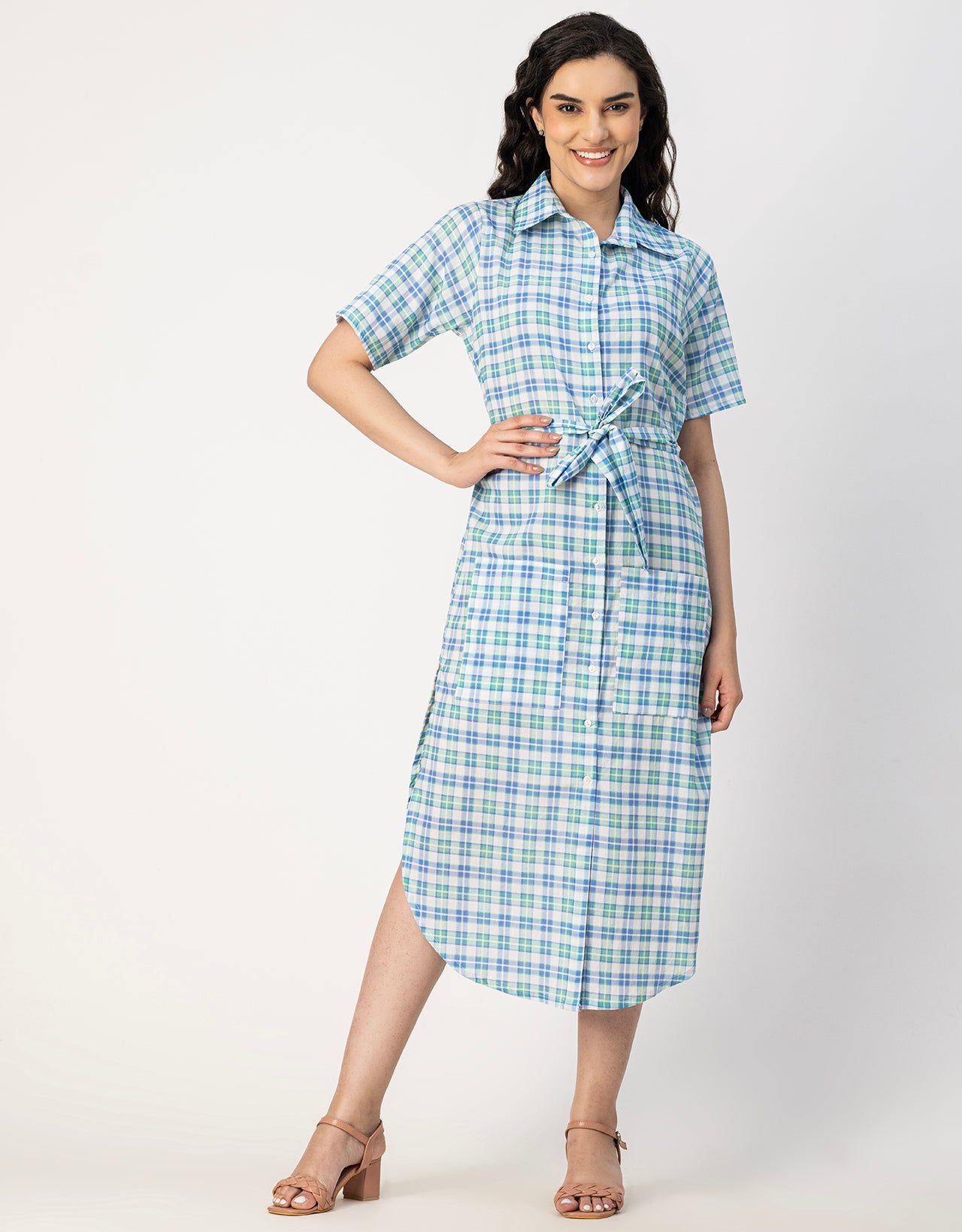 Short Sleeve Spread Collar Cotton Dress