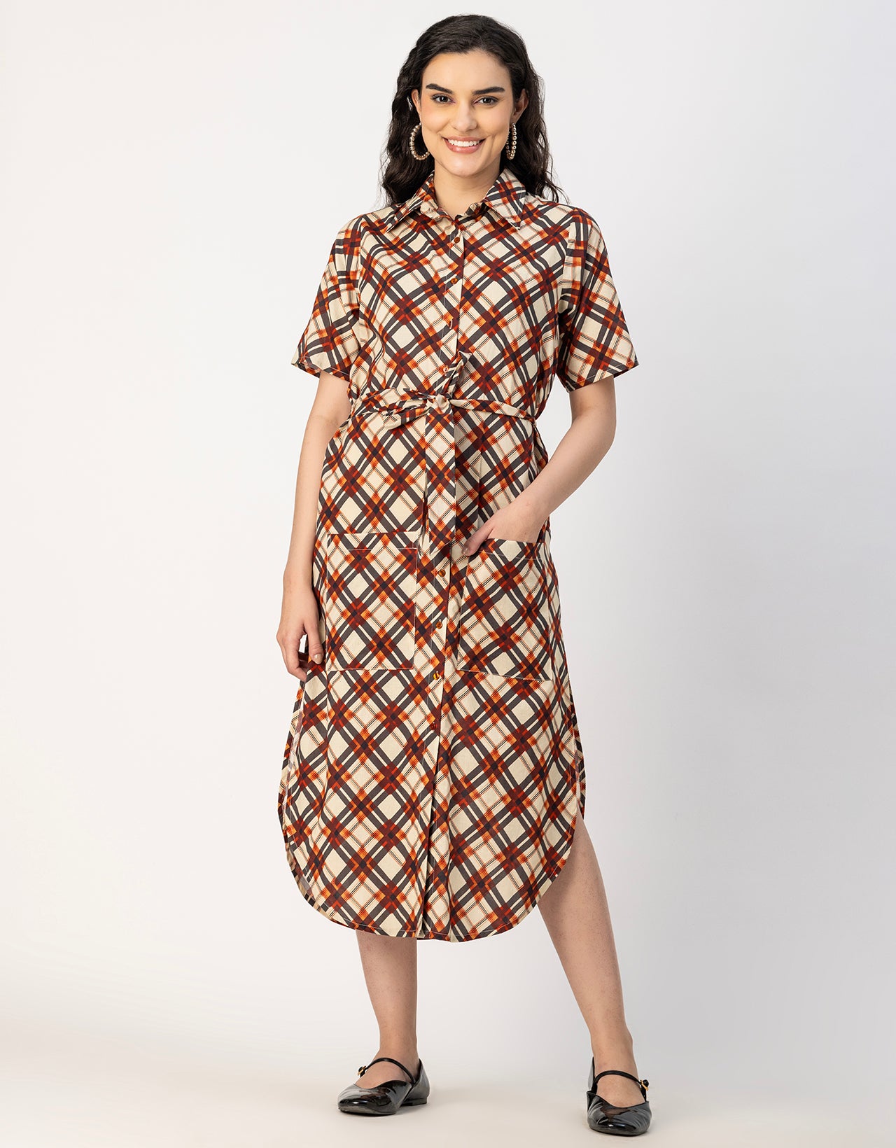 Short Sleeve Spread Collar Cotton Dress