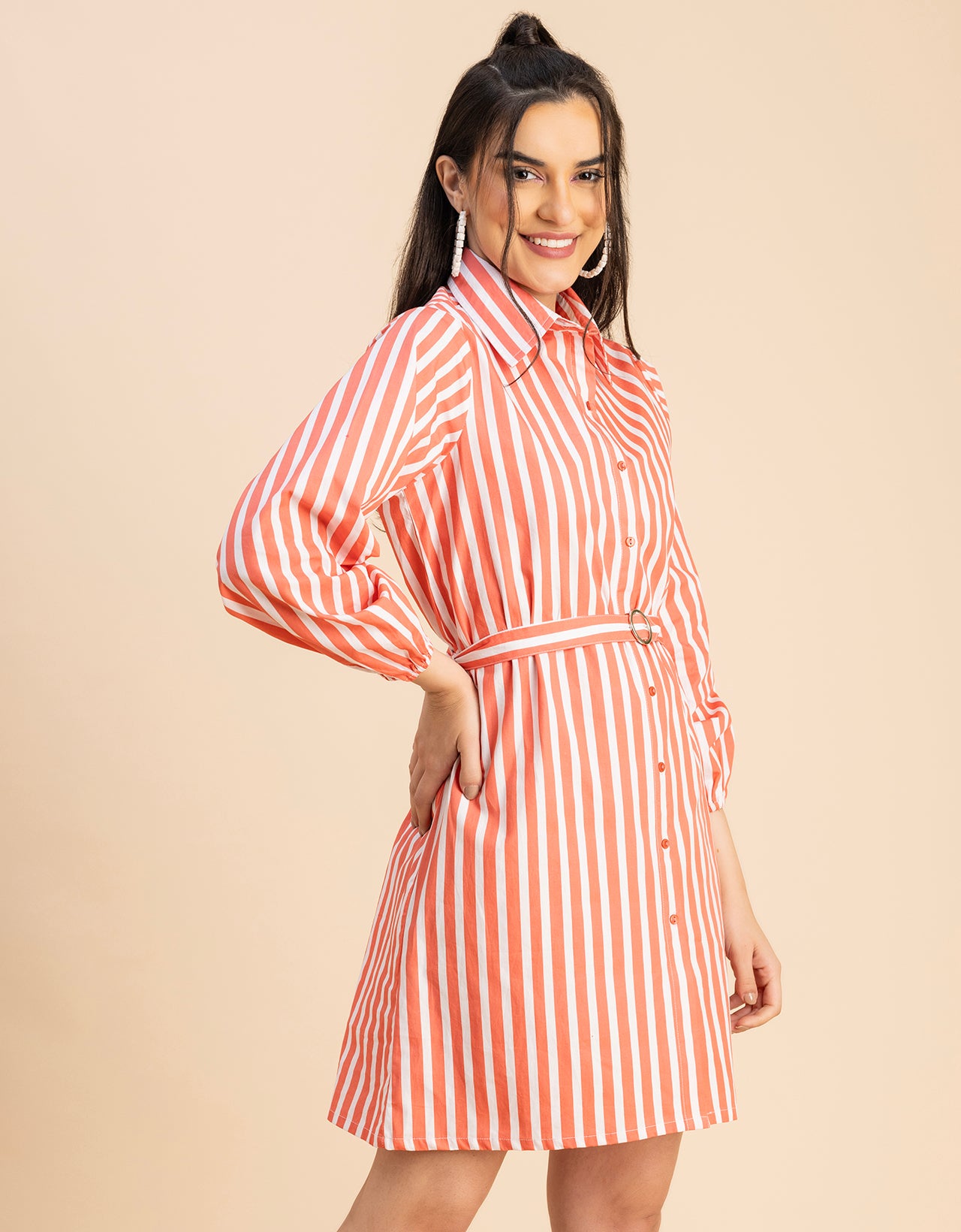 Bishop Sleeves Spread Collar Cotton Dress