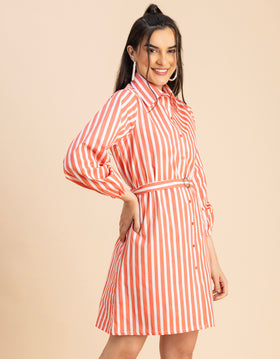 Bishop Sleeves Spread Collar Cotton Dress