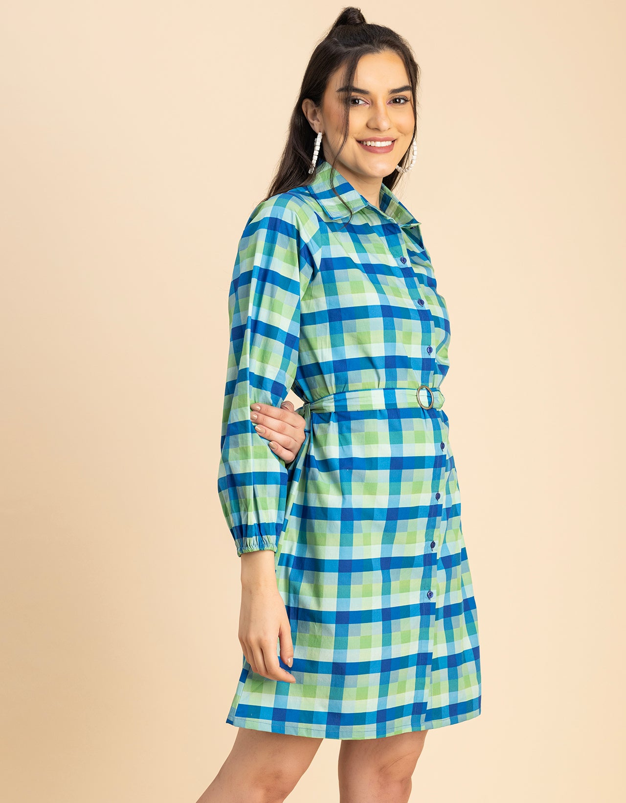 Bishop Sleeves Spread Collar Cotton Dress
