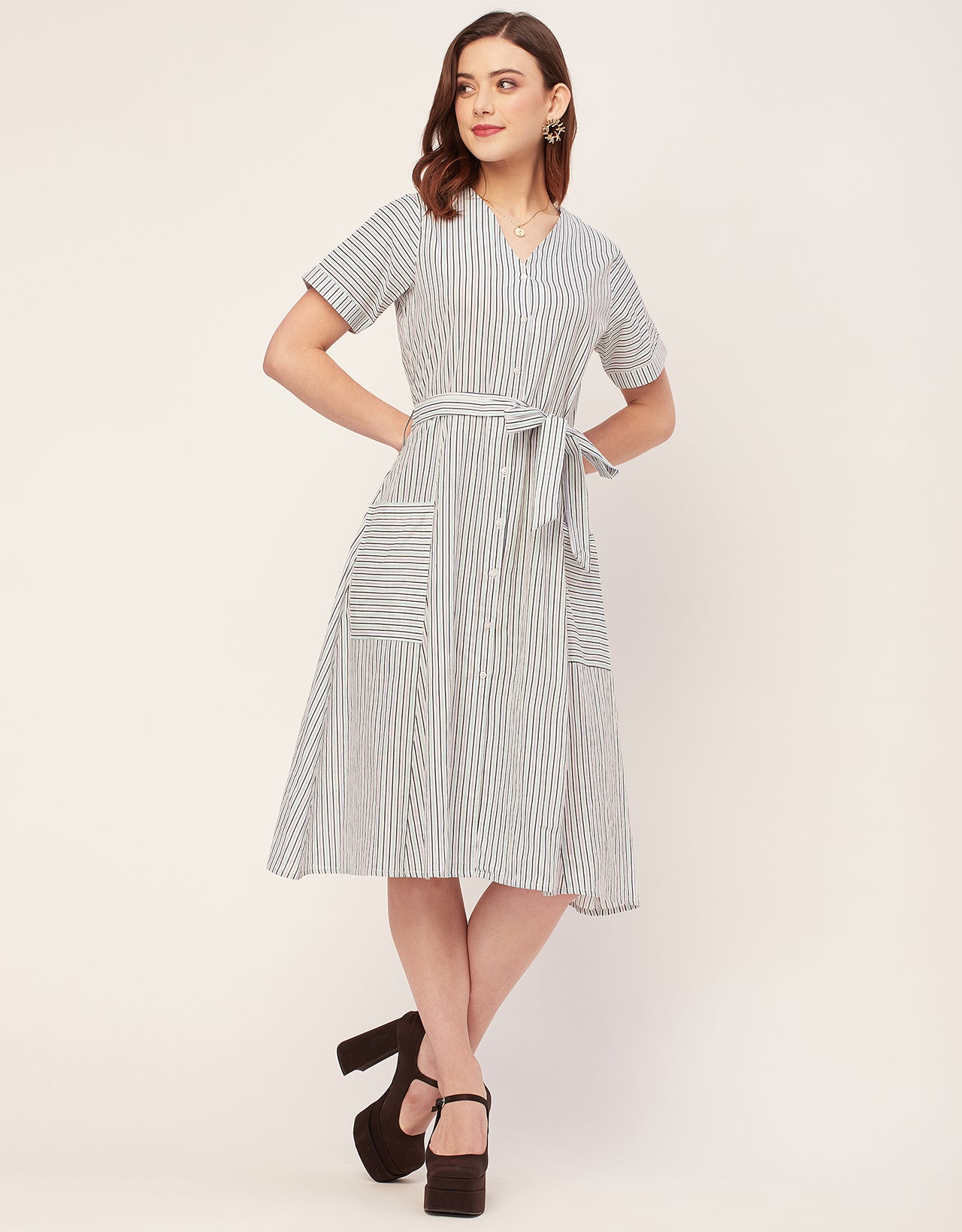 Short Sleeve V Neck A-Line Cotton Dress