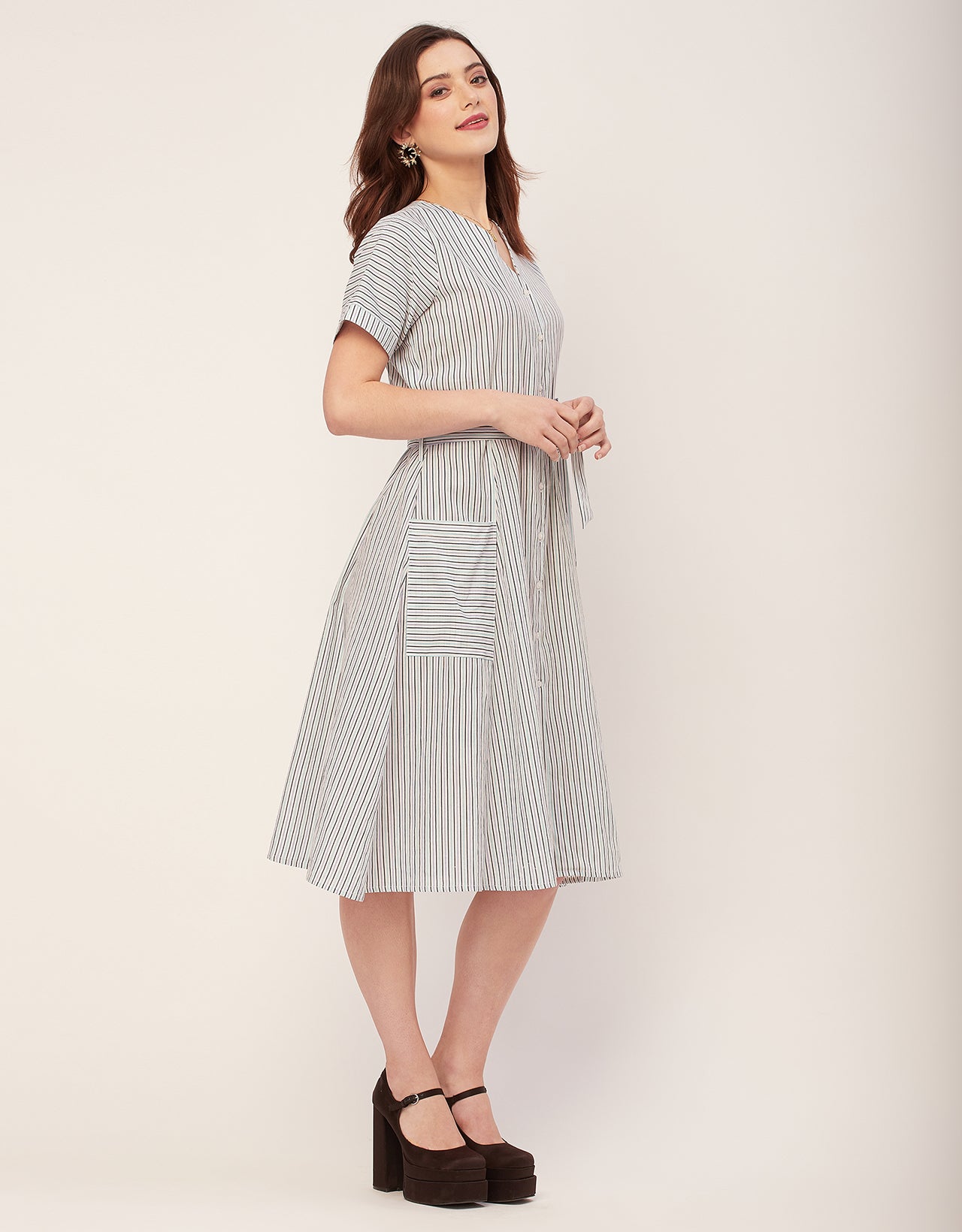 Short Sleeve V Neck A-Line Cotton Dress