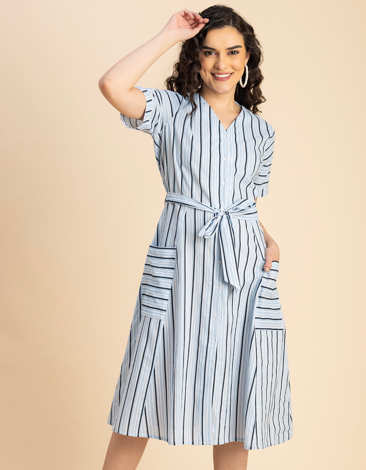 Short Sleeve V Neck A-Line Cotton Dress