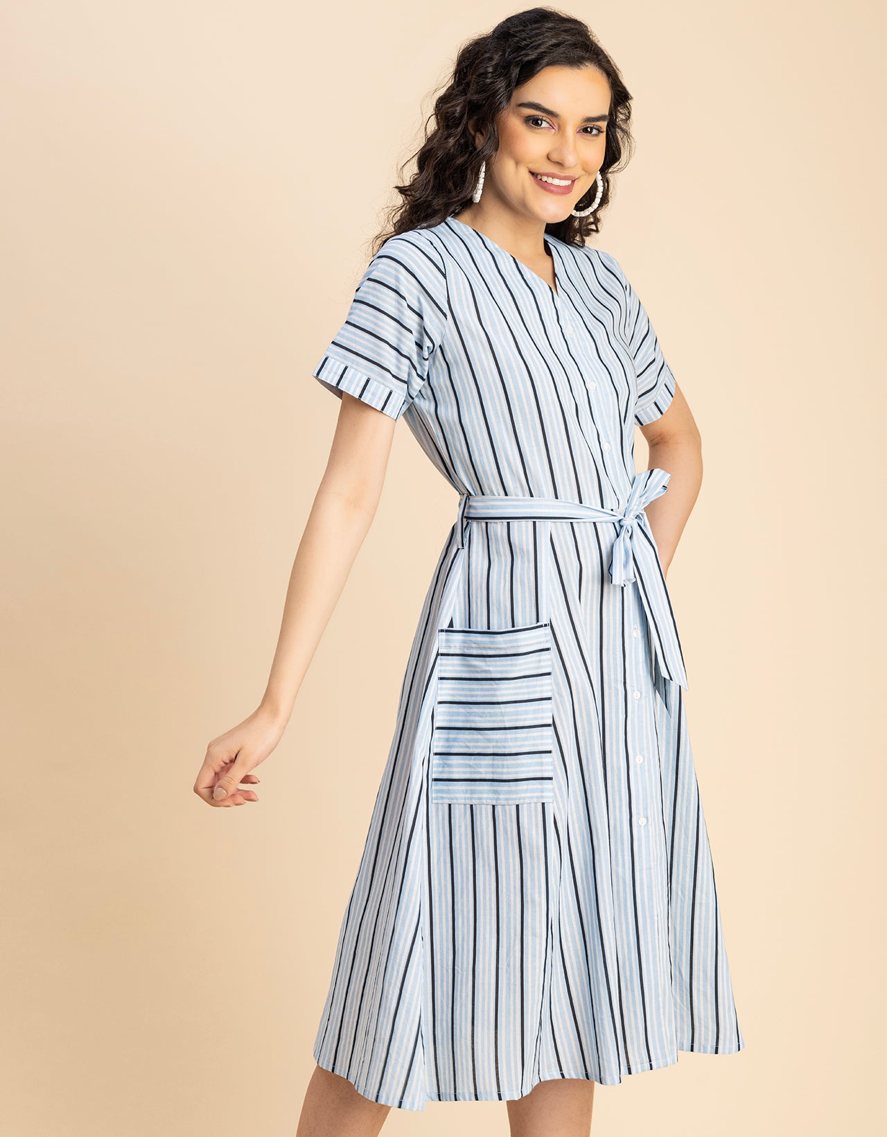 Short Sleeve V Neck A-Line Cotton Dress
