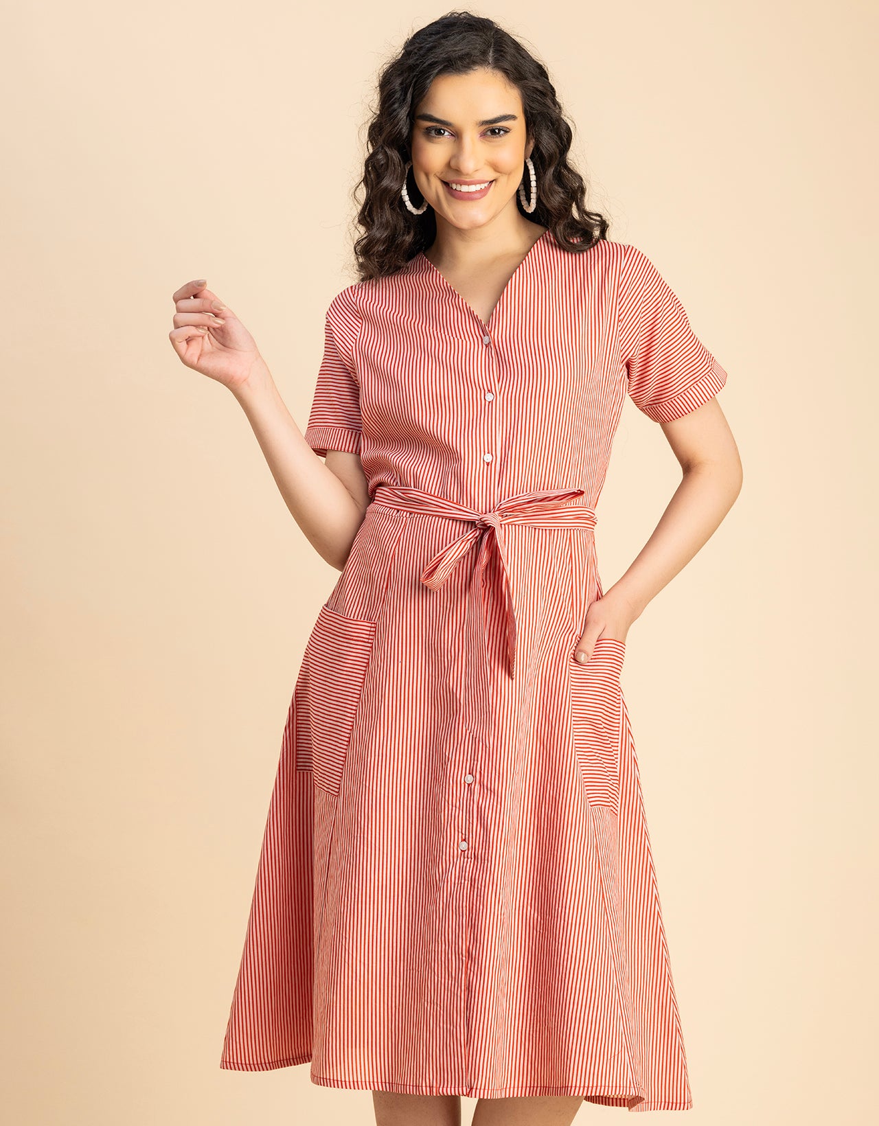 Short Sleeve V Neck A-Line Cotton Dress