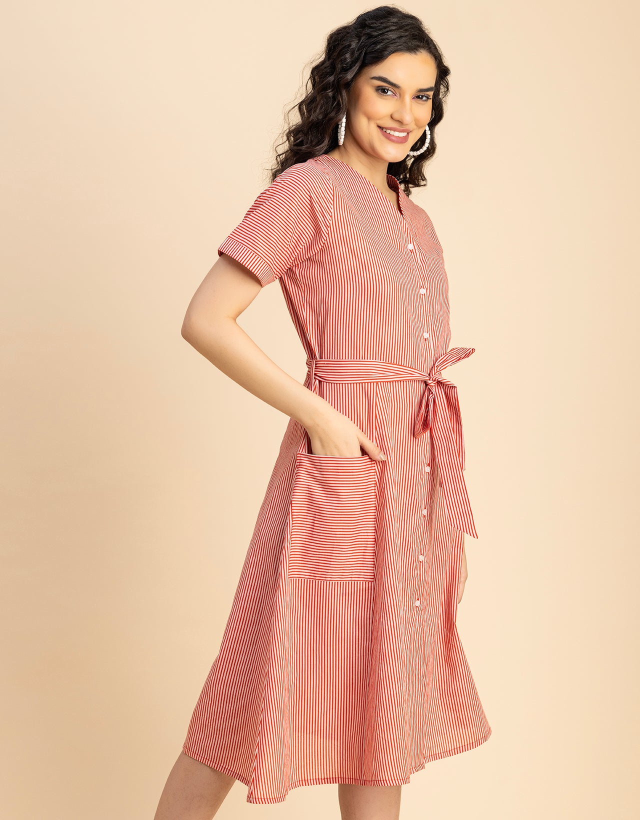 Short Sleeve V Neck A-Line Cotton Dress