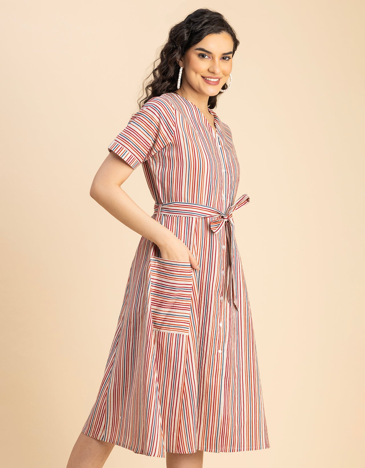 Short Sleeve V Neck A-Line Cotton Dress