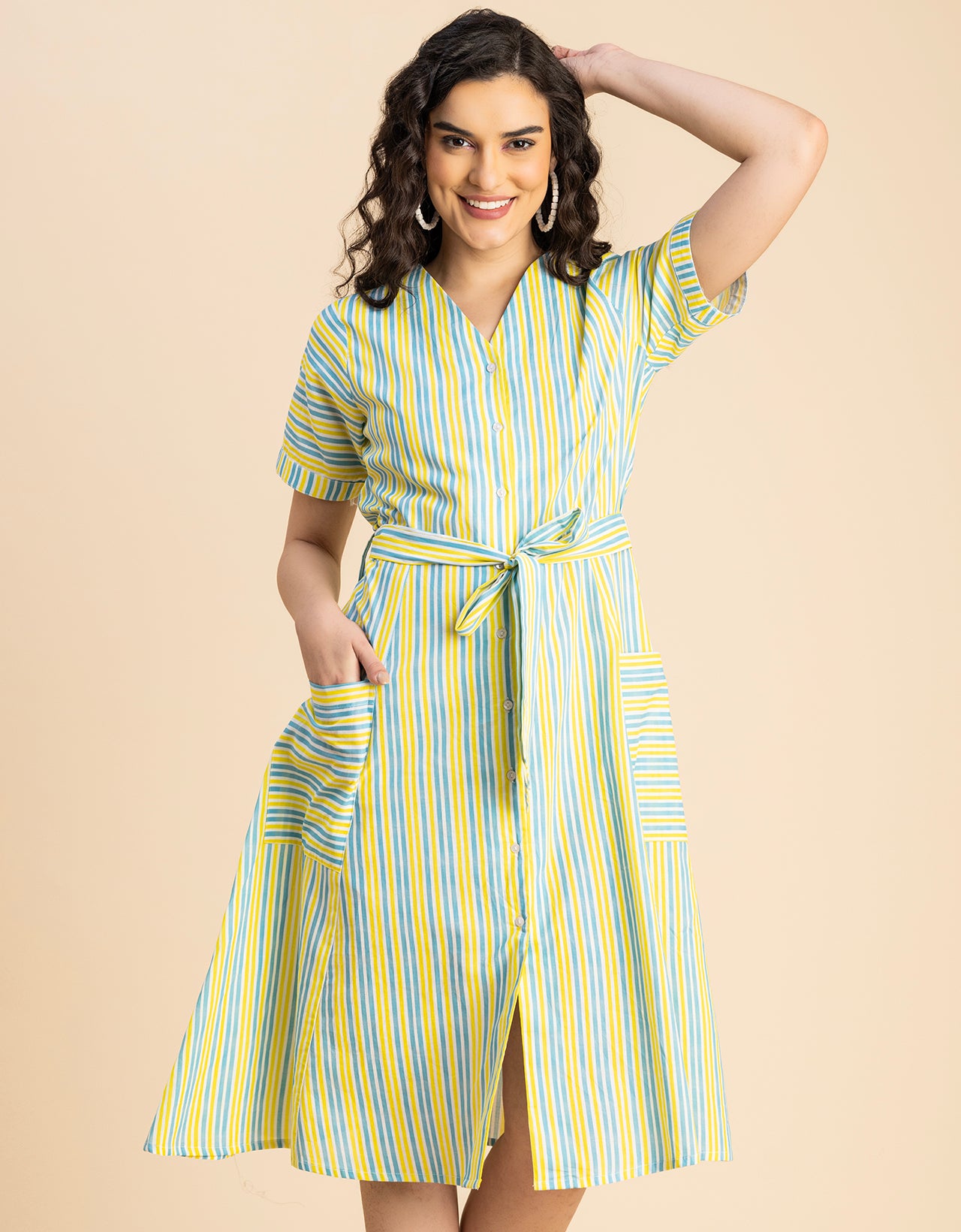 Short Sleeve V Neck A-Line Cotton Dress